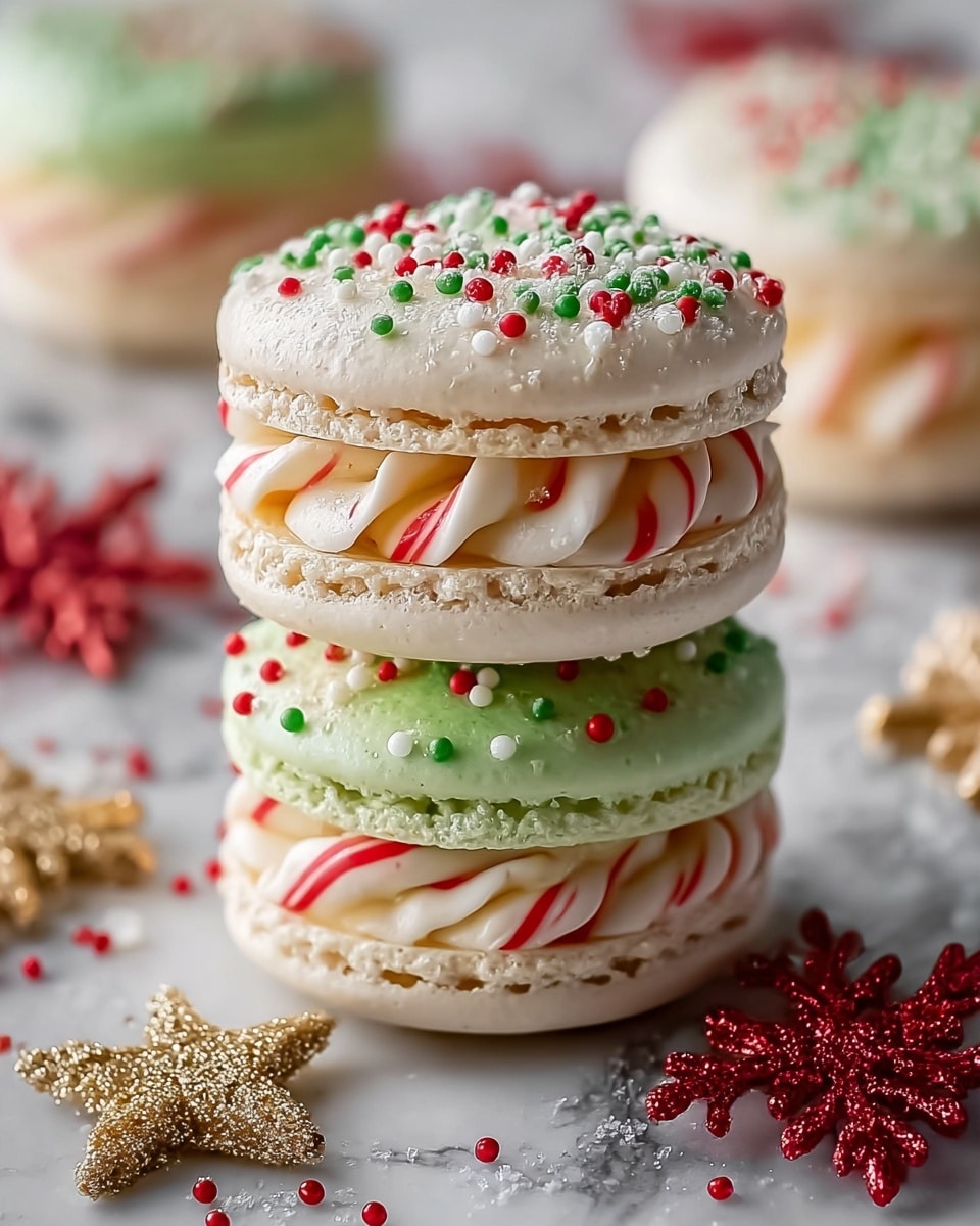 The image shows a stack of two festive macarons on a white marbled surface. Each macaron has three layers: the top and bottom layers are white with a slight golden tint, decorated with red, green, and white round sprinkles and a dusting of sugar, giving a sparkling look. The middle layer of the top macaron is green, while the bottom macaron’s middle layer is a white cream twisted with red stripes resembling a candy cane. Around the macarons are small golden star-shaped decorations and red snowflake sprinkles scattered on the white marbled surface, enhancing the holiday feel. Photo taken with an iphone --ar 4:5 --v 7