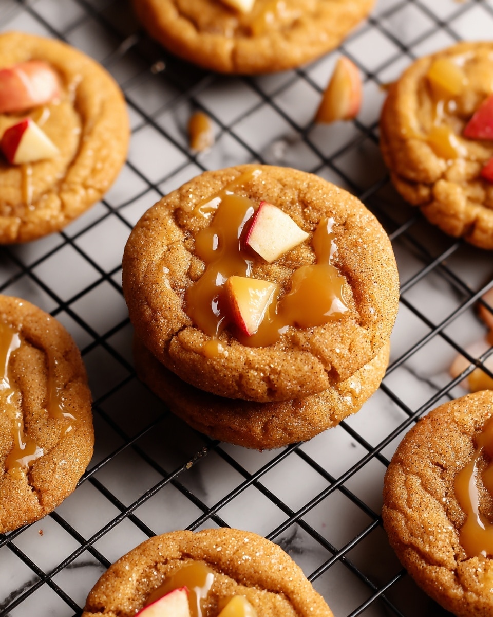 A close-up view of several golden-brown cookies arranged on a black cooling rack over a white marbled surface. Each cookie has a slightly crinkled texture and a light dusting of cinnamon or spice. On top of each cookie, there are small, glossy pieces of chopped fruit, mainly apple slices, adding a touch of red and yellow color. A sticky, shiny drizzle of caramel sauce covers the tops of the cookies, pooling slightly around the fruit pieces. One stack of two cookies is centered in the image, while other cookies are scattered around, showing various small fruit toppings. The scene has soft, natural lighting that highlights the warm tones and glossy textures of the caramel and fruit. photo taken with an iphone --ar 4:5 --v 7