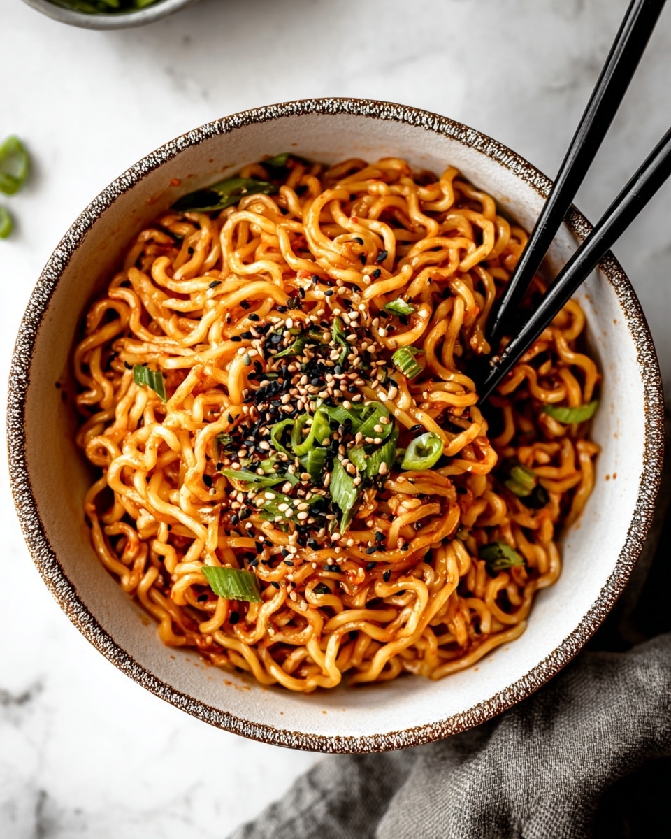 A close-up view of a bowl filled with cooked noodles that are lightly coated in a reddish-brown sauce. The noodles are tangled and sit in one main layer filling the bowl. On top, there are small pieces of bright green chopped scallions scattered around, along with a mix of black and white sesame seeds sprinkled densely in the center. Two black chopsticks rest inside the bowl, partially inserted into the noodles from the top right. The bowl is white with a textured gray and brown rim, placed on a white marbled surface with a small part of a gray cloth visible to the side. photo taken with an iphone --ar 4:5 --v 7