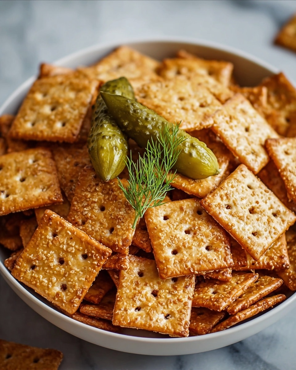 A white bowl filled with many square golden-brown crackers, stacked in a loose pile. The crackers have small holes and a textured surface with some darker toasted spots, showing a crunchy texture. On top of the crackers, there are two small green pickles with a bumpy texture and a small sprig of fresh dill placed between them. The bowl sits on a white marbled surface. photo taken with an iphone --ar 4:5 --v 7