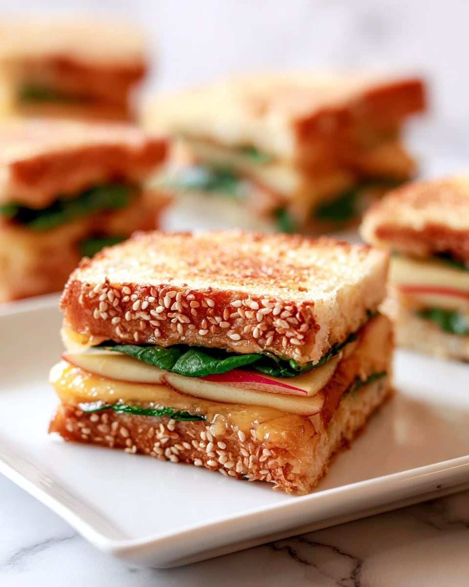 This image shows a close-up of a sandwich cut into squares, displayed on a white square plate on a white marbled surface. The sandwich has three layers: the top and bottom are golden brown bread with a crispy texture and sprinkled with sesame seeds on top. The middle layer has fresh green leafy spinach, thin red slices of apple, and melted yellow cheese that slightly oozes out. The sandwich pieces in the background are slightly out of focus, highlighting the front piece. Photo taken with an iphone --ar 4:5 --v 7