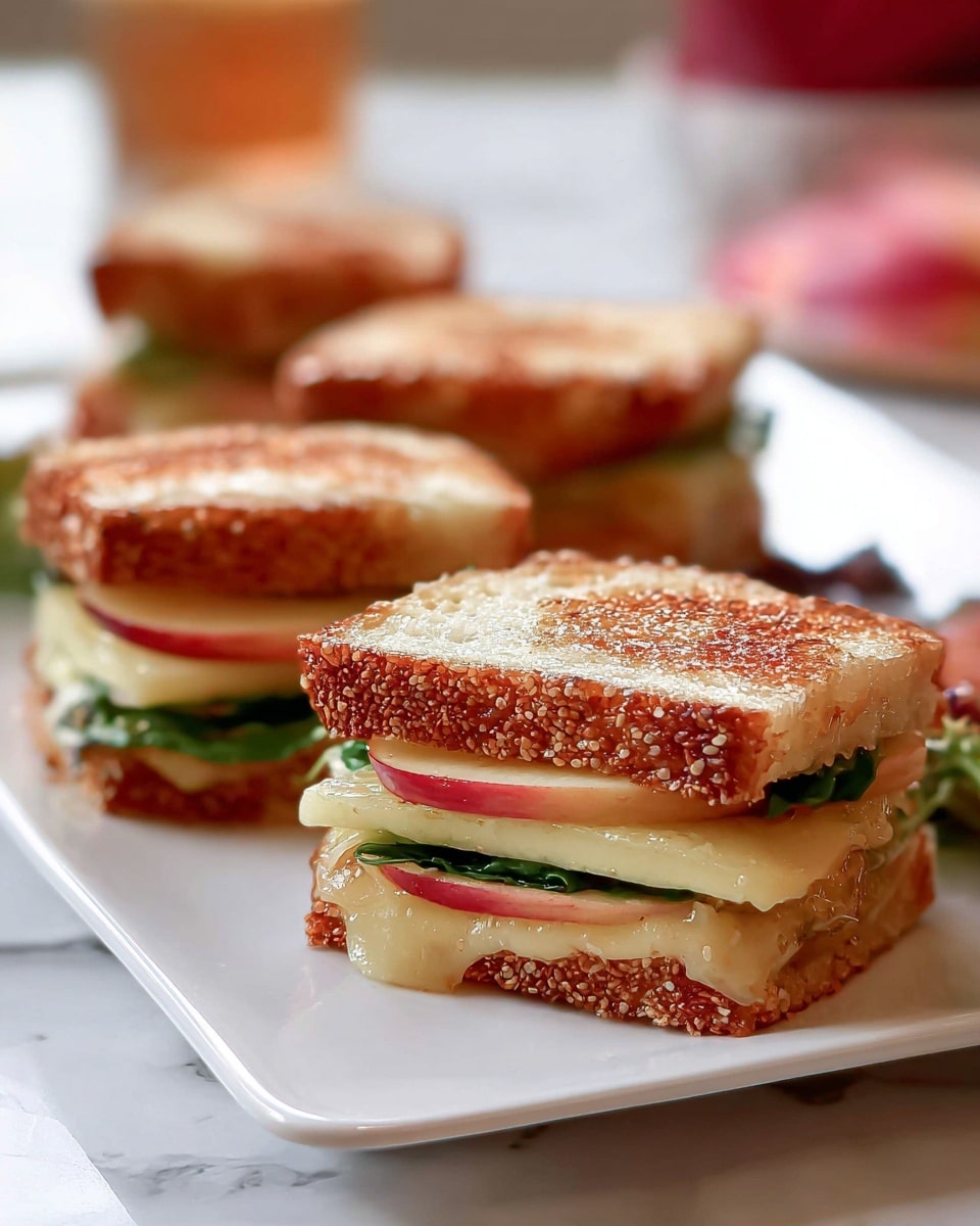 Four small sandwiches are placed on a white square plate set on a white marbled surface. Each sandwich has three visible layers: the top and bottom layers are toasted bread with a golden-brown crust and a slightly crisp texture, sprinkled lightly with sesame seeds. The middle layer contains green leafy vegetables, pale yellow melted cheese, and thin, round slices of red apple with skin on, positioned near the front sandwich showing the layers clearly. The sandwiches are arranged casually, with the front sandwich in sharp focus and the others softly blurred in the background. Photo taken with an iphone --ar 4:5 --v 7