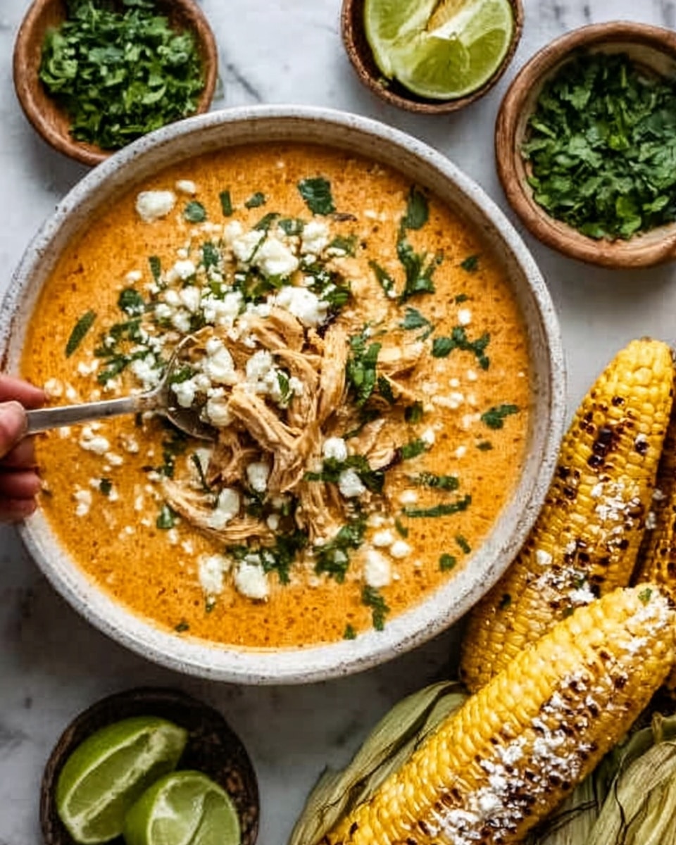 A white bowl filled with a creamy yellow soup, layered with shredded chicken placed in the center, bright yellow corn kernels scattered throughout, and topped with small white cheese crumbles and chopped green herbs. Two thin lime slices rest on the top right side of the bowl, and a light sprinkling of black pepper is spread across the surface of the soup and toppings. The bowl sits on a white marbled surface. photo taken with an iphone --ar 4:5 --v 7