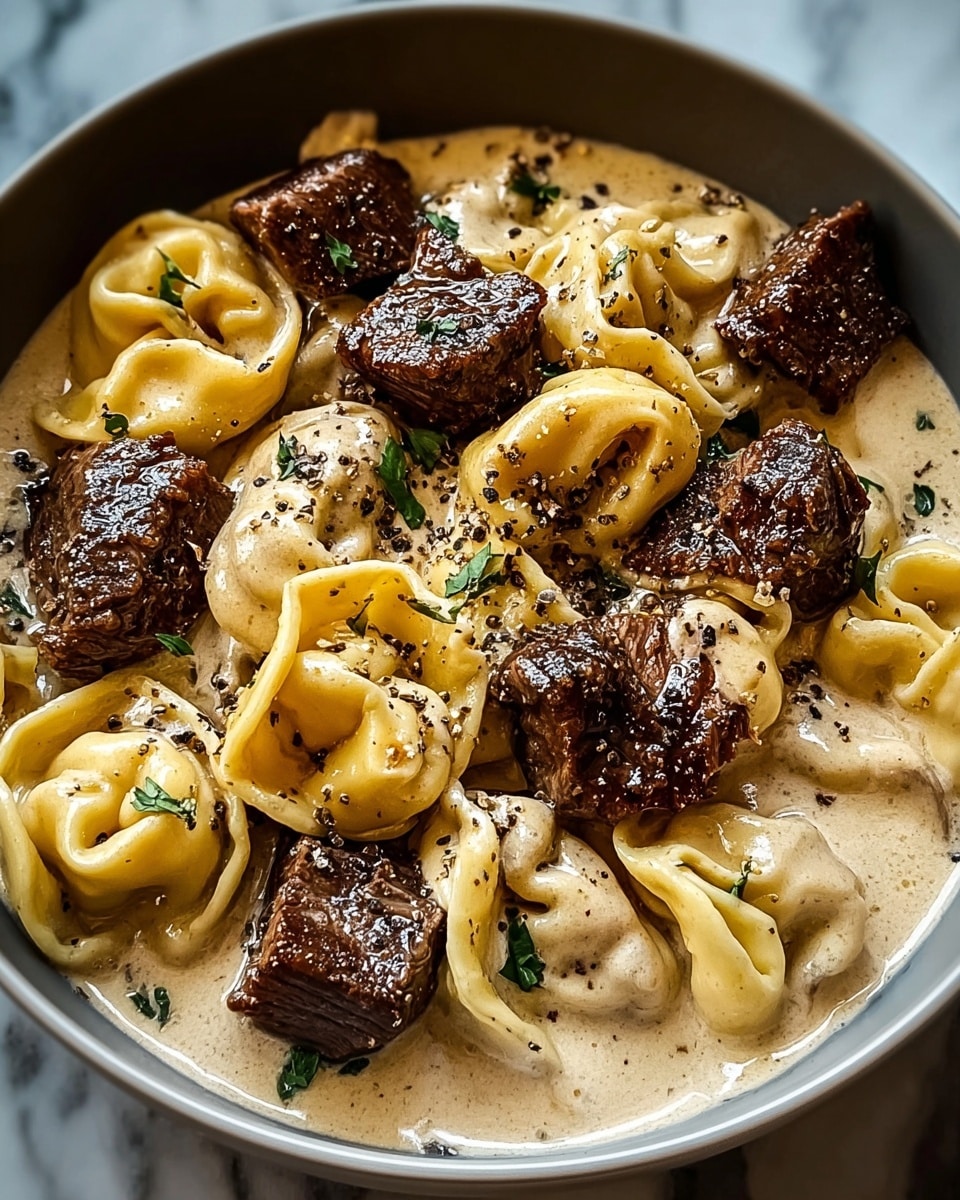 A close-up view of a creamy pasta dish in a white bowl, showing two main layers: the bottom layer is a smooth, light beige creamy sauce with a glossy texture, covering the base of the bowl; on top are several pieces of golden yellow tortellini pasta with a soft, plump shape and a slightly shiny surface. Scattered over the pasta are chunks of dark brown seared beef, each piece having a crispy, well-cooked texture with a slight char on the edges. Small bits of green herbs are sprinkled evenly across the dish, along with a dusting of cracked black pepper, adding contrast to the creamy sauce and beef pieces. The bowl sits on a white marbled surface. photo taken with an iphone --ar 4:5 --v 7