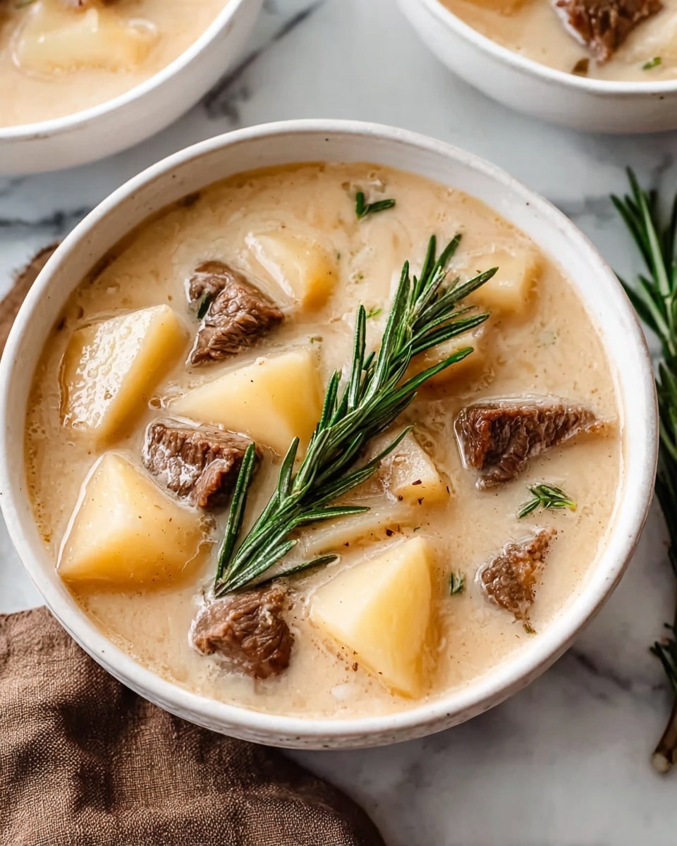 A white bowl filled with creamy light beige soup that has visible chunks of brown cooked beef and large pale yellow potato pieces. The soup is garnished with a few sprigs of fresh green rosemary placed on top, adding a touch of color and freshness. The bowl sits on a white marbled surface with part of a brown cloth napkin visible nearby. Another similar bowl with the same soup is partially visible in the background. Photo taken with an iphone --ar 4:5 --v 7