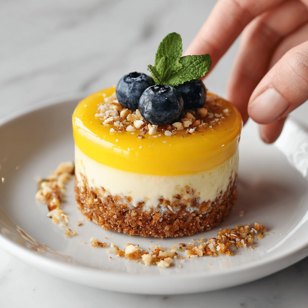 The image shows four small round lemon blueberry desserts, each with three layers: a light brown cookie base, a smooth pale yellow middle layer, and a glossy bright yellow lemon glaze on top. Each dessert is decorated with three fresh blue blueberries and a small green mint leaf. Crushed nuts and crumbs are sprinkled on the lemon glaze and plate around the desserts. The desserts sit on a matte black round plate placed on a white marbled surface, with a few whole almonds and scattered blueberries around the plate. Photo taken with an iphone --ar 4:5 --v 7