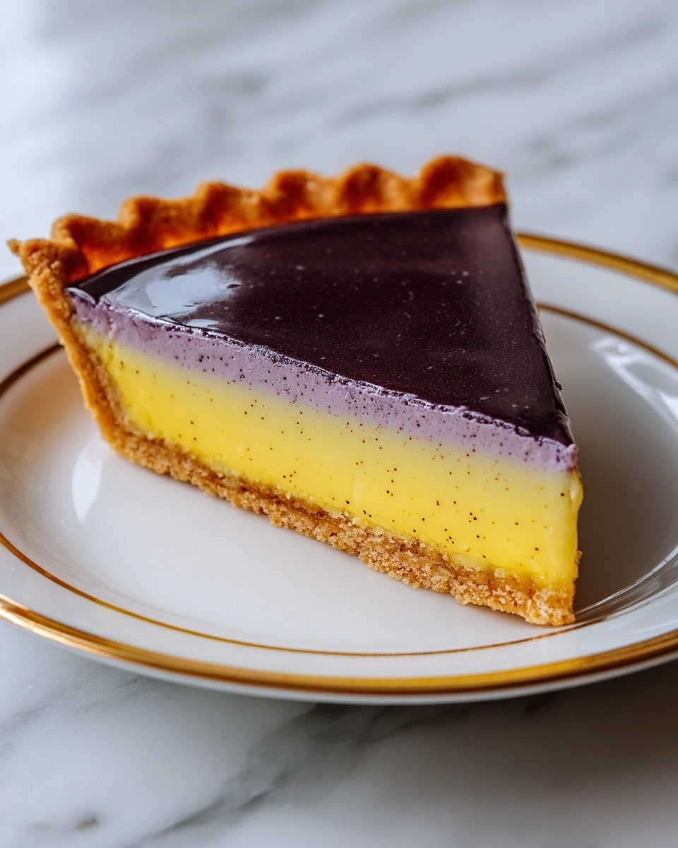 A single slice of pie is shown on a white plate with a gold rim, placed on a white marbled surface. The pie has three clear layers: the bottom crust is golden brown and crumbly, the middle layer is smooth and pale yellow with small specks, and the top layer is glossy, dark purple with a slightly uneven edge where it meets the yellow layer. The crust edges are scalloped, and the slice is cut cleanly, highlighting the bright contrast between layers. photo taken with an iphone --ar 4:5 --v 7
