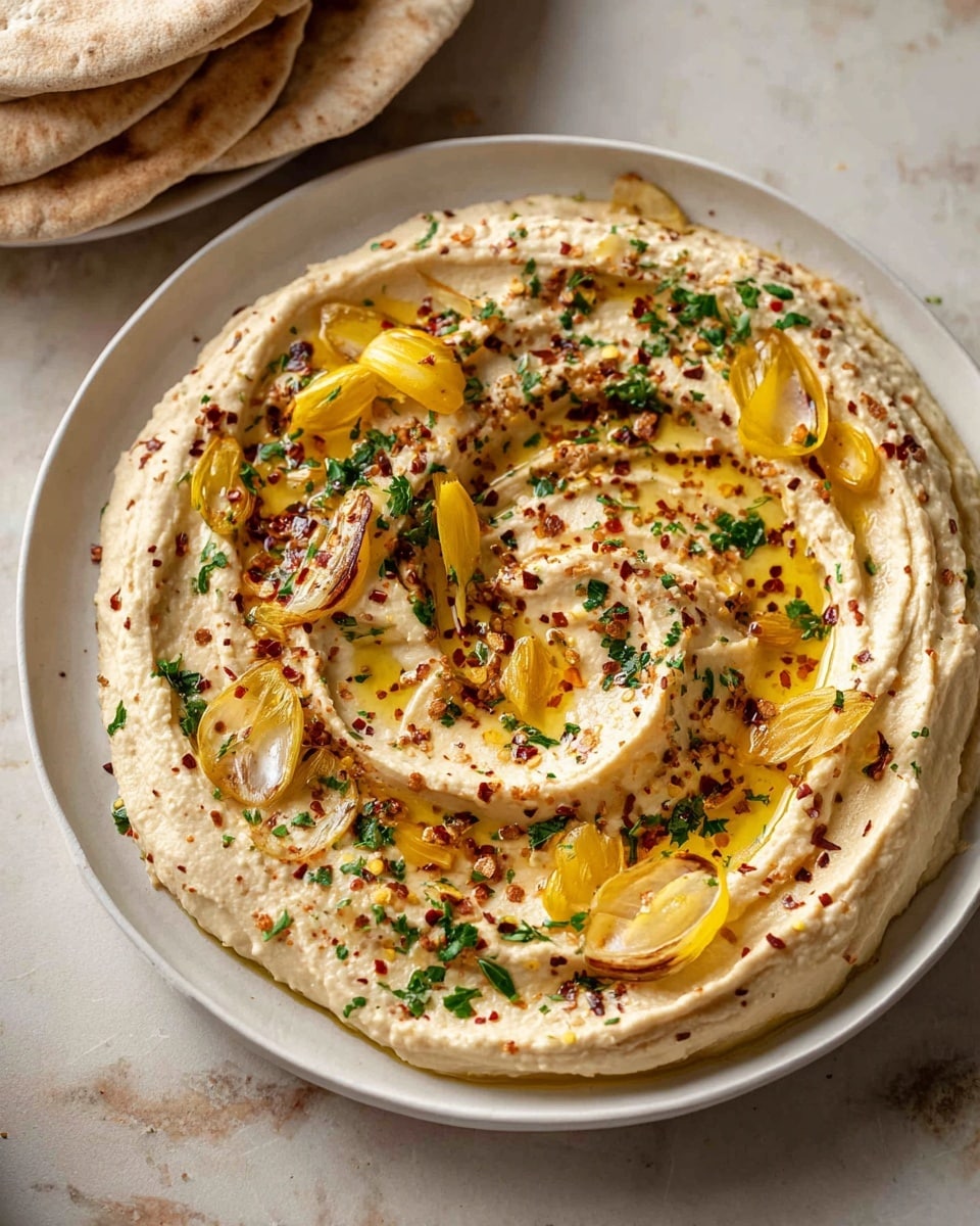 A white plate holds a creamy beige hummus spread in one thick layer with a textured swirl pattern along the edges. On top, there is a generous drizzle of golden olive oil pooling in the center and following the swirl. Scattered thin slices of roasted garlic and yellow roasted bell peppers add warm tones and texture, dotted with small green parsley flakes and sprinkled with red chili flakes for color contrast. The plate sits on a white marbled surface with a folded stack of flatbreads in the background. Photo taken with an iphone --ar 4:5 --v 7