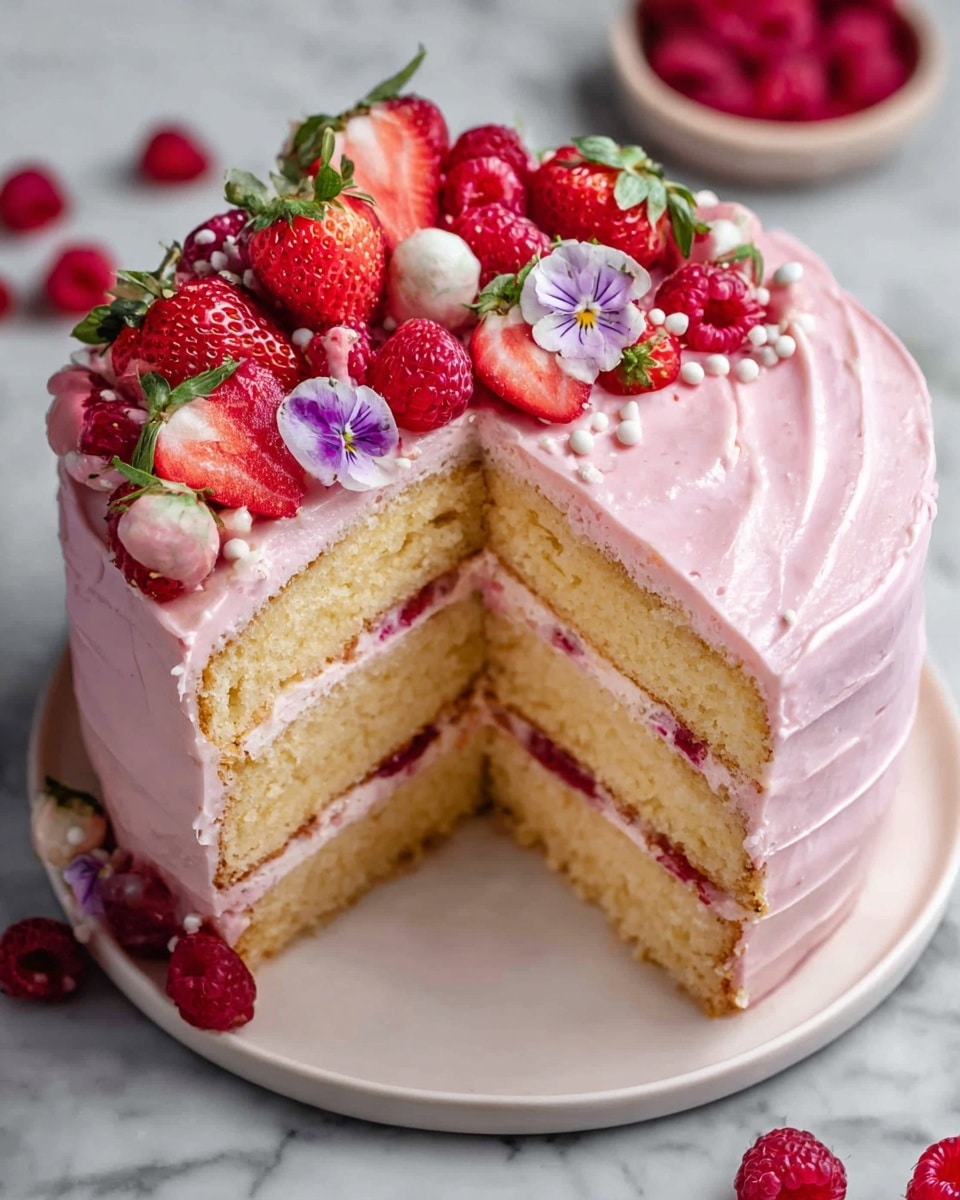 A three-layer cake with light yellow sponge and thin layers of pink cream filling between each layer. The outside is covered with a smooth, slightly swirled pink frosting that is thin enough to see the cake edges through it. On top, there is a mix of fresh red raspberries, halved strawberries showing their red and white inside, small white cream dots, and tiny purple edible flowers with green leaves. A slice is cut out, showing the inside of the cake clearly. The cake sits on a round white plate, placed on a white marbled textured surface with a few loose raspberries around. Photo taken with an iphone --ar 4:5 --v 7