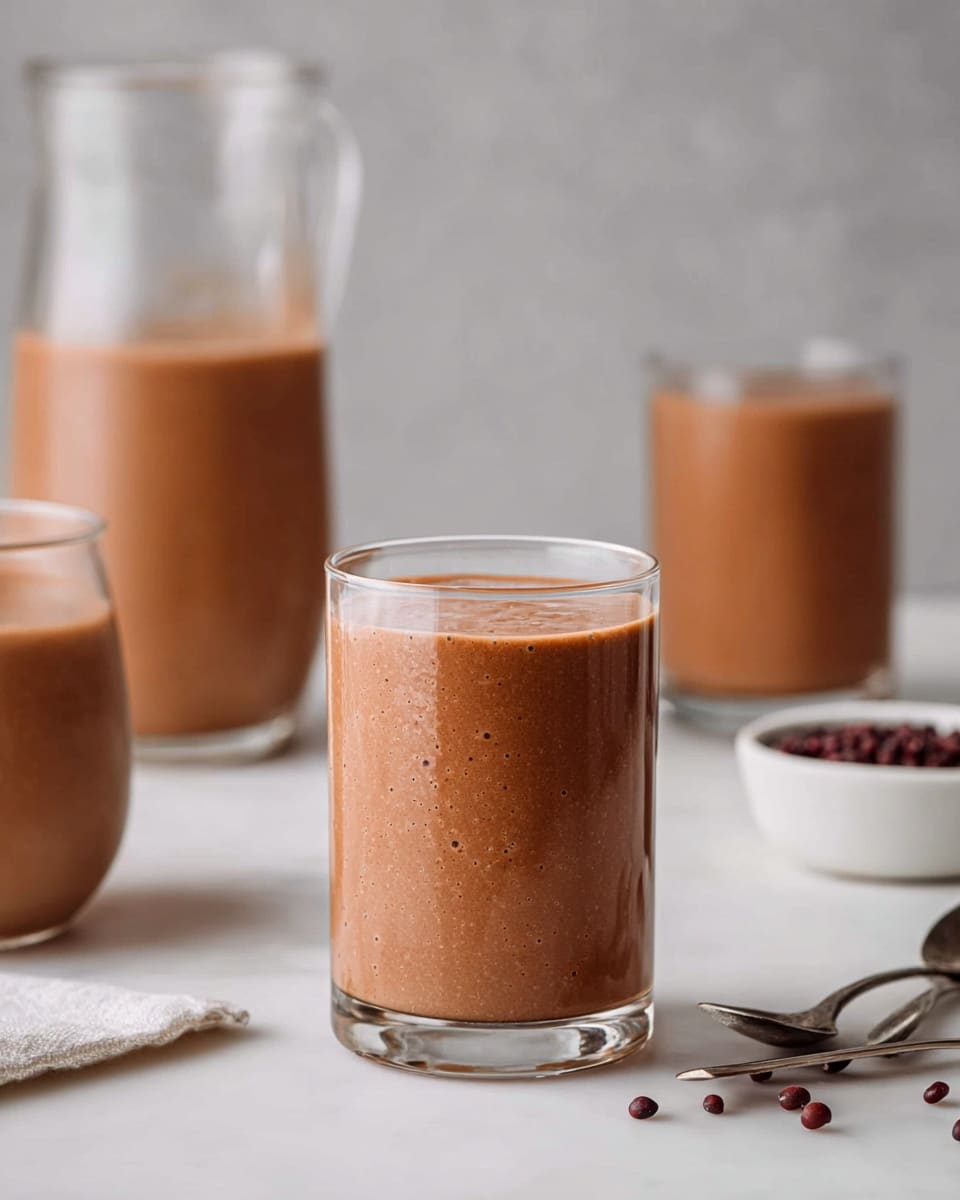 The image shows a creamy brown smoothie in a clear short glass placed in the center, filled completely with smooth texture and a light shine on top. Behind it, there is a tall clear glass with the same brown smoothie almost full, and to the left, a clear glass pitcher filled with the same drink. On the right side, another clear short glass also filled with the smoothie sits next to a small white bowl of dark beans or seeds. Two silver spoons lie in the front right on the white marbled surface, with a few scattered dark beans nearby. The background is soft gray, and the overall scene is clean and simple. photo taken with an iphone --ar 4:5 --v 7