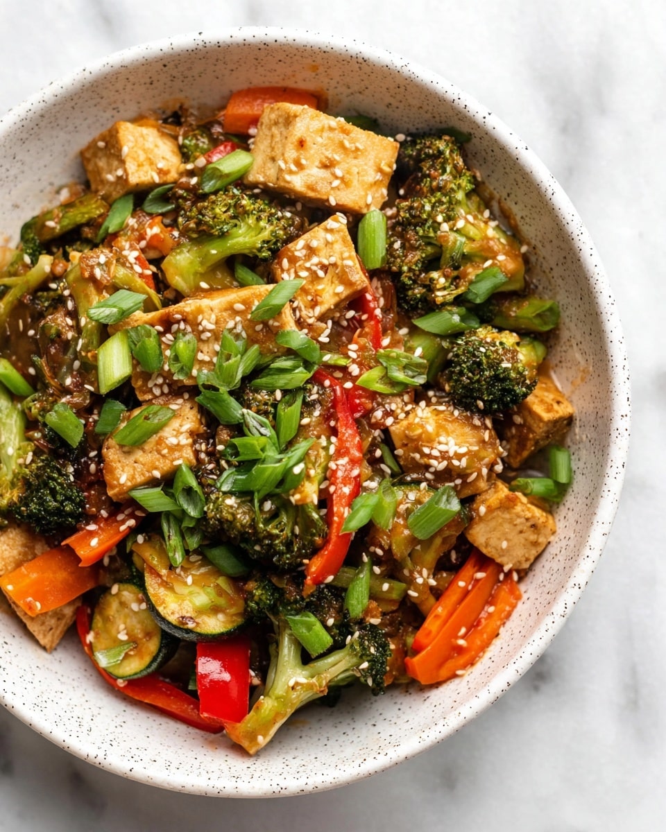 A close-up view of a colorful mixed vegetable stir-fry showing chopped pieces of green zucchini, red bell peppers, sliced mushrooms, and broccoli florets. The vegetables are coated in a glossy sauce with visible sesame seeds sprinkled evenly on top, adding a light texture. The mixture has a vibrant, fresh look with a variety of shapes and sizes. The image is set on a white marbled background. Photo taken with an iphone --ar 4:5 --v 7