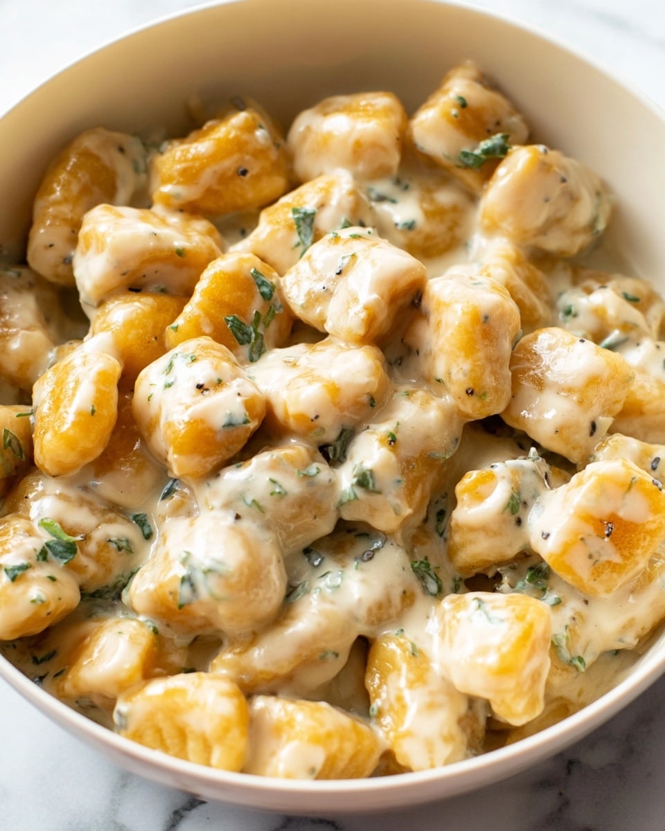 Close-up view of a white bowl filled with soft, golden-orange gnocchi pieces covered in a thick, creamy white sauce. Small green herb leaves are mixed throughout, adding contrast to the smooth and glossy texture of the sauce that coats each gnocchi gently. The bowl sits on a white marbled surface, and the image captures the shine and freshness of the dish with a soft natural light. photo taken with an iphone --ar 4:5 --v 7