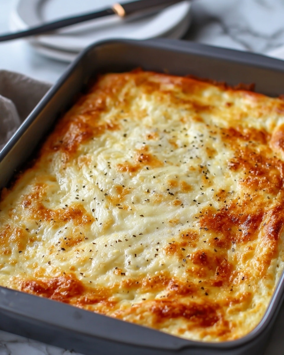 A baked dish in a gray rectangular pan with one thick layer of golden brown melted cheese on top, spotted with small black pepper flakes. The cheese layer has a bubbly, slightly crispy texture around the edges and a creamy, smooth center with light patches of browned cheese. The pan sits on a white marbled surface with a soft focus on a silver knife in the background. photo taken with an iphone --ar 4:5 --v 7