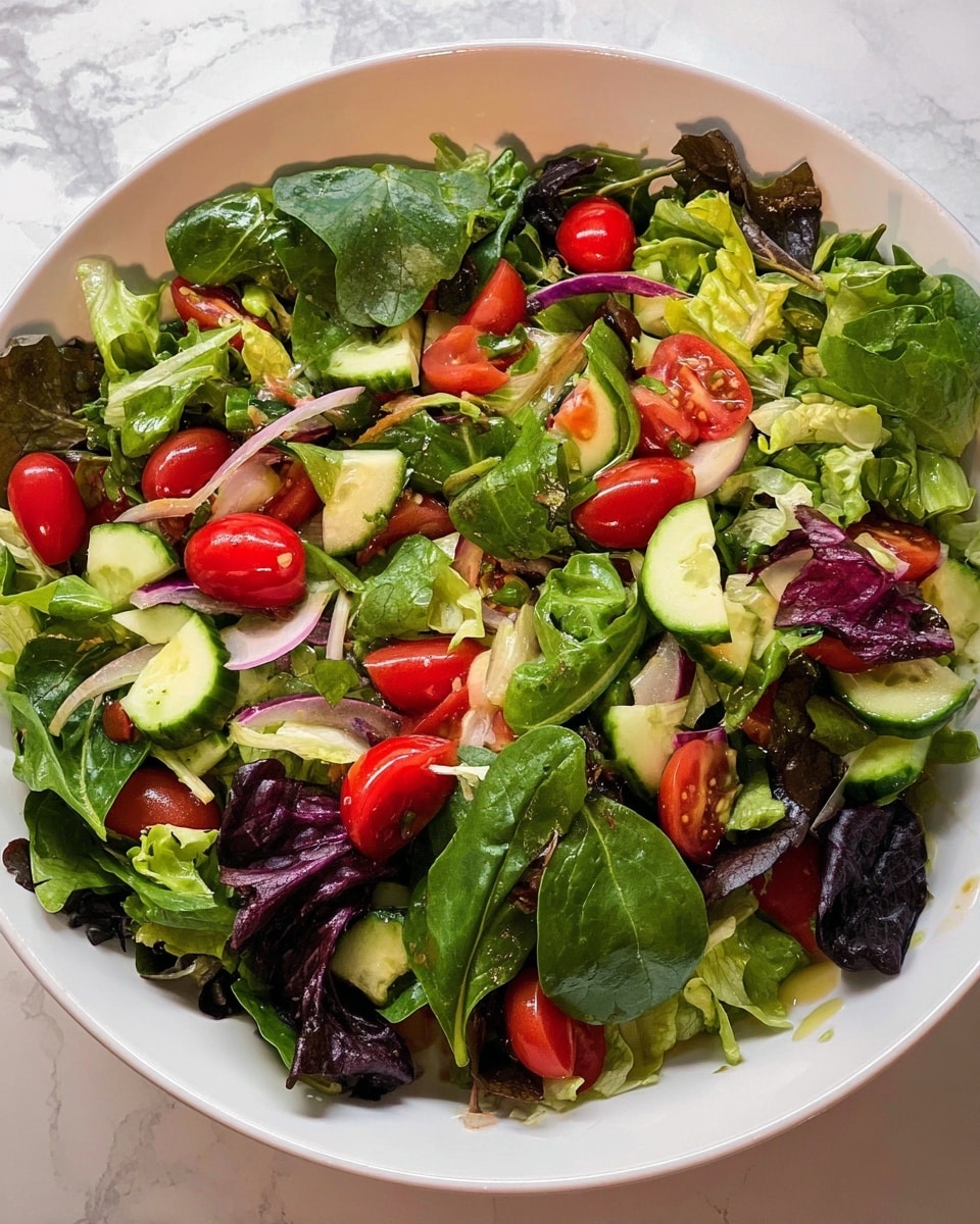 A large white bowl filled with a colorful mixed salad shows several layers: the base layer consists of various leafy greens including curly green lettuce, dark purple leaves, and fresh spinach with visible veins; scattered on top are halved bright red grape tomatoes that add pops of shiny red; mixed in are chunks of cucumber with dark green skin and pale green centers, and thinly sliced white onions spread evenly throughout. The salad looks fresh and slightly shiny, suggesting a light dressing. The bowl is placed on a white marbled surface. photo taken with an iphone --ar 4:5 --v 7