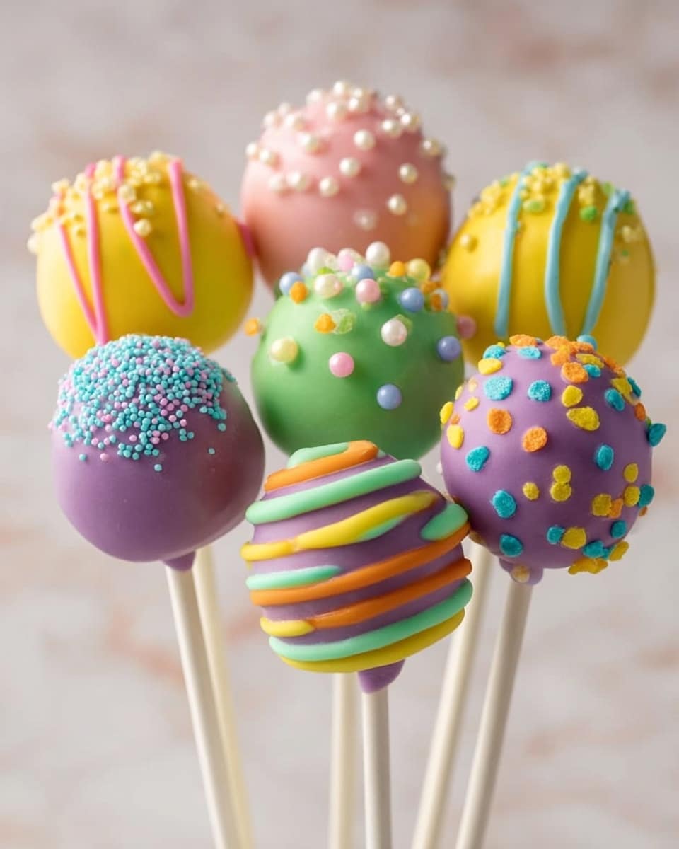 A light blue fluted plate holds ten colorful cake pops shaped like eggs on white sticks, arranged in a casual cluster. The top left cake pop is bright yellow with three horizontal lines of pink sugar crystals, next to a purple one covered in coarse purple sugar. Below is a bright yellow one with tiny yellow ball sprinkles, beside a pink cake pop with multicolored confetti dots and a white sugar line around its middle. One pink cake pop is cut open, showing a soft, crumbly golden cake inside beneath a smooth pink coating. Another purple cake pop is decorated with larger flat pastel polka dots in blue, pink, green, and yellow. Two cake pops are coated in coarse sugar, one green and the other light blue, peach, and green striped. On either side at the bottom are two large pink sugar-coated cake pops. The whole set sits on a white marbled surface. photo taken with an iphone --ar 4:5 --v 7