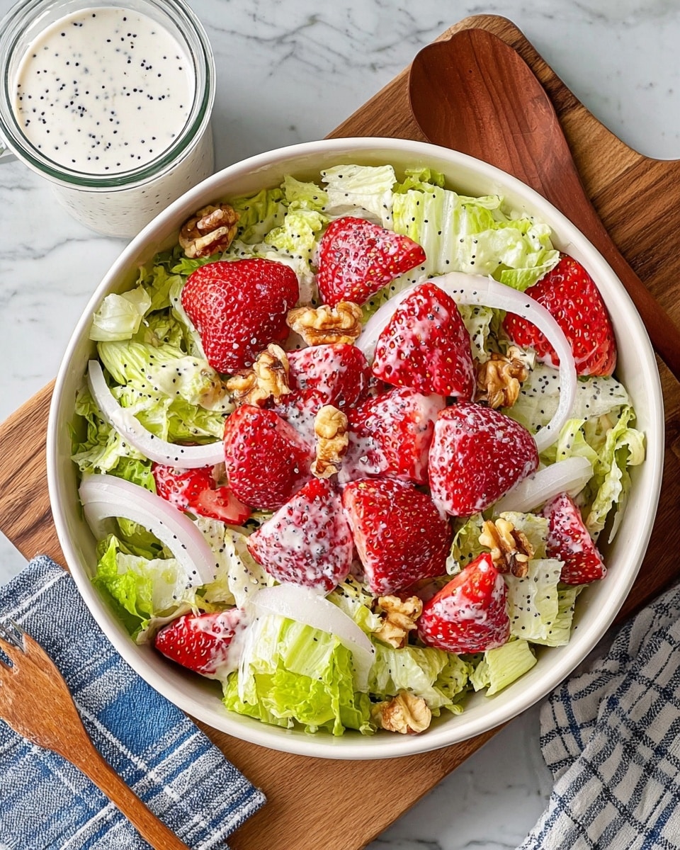 The image shows a white bowl filled with a fresh salad. The bottom layer is made of light green, crisp lettuce leaves with ruffled edges. On top, there are large, bright red strawberry halves scattered evenly, showing their textured seeds and juicy inside. Thin white onion slices are mixed in, adding a slightly translucent look. Small golden brown almond slivers add a crunchy texture and are sprinkled across the salad. The bowl is placed on a white marbled surface with a silver spoon and blue-striped cloth nearby. In the background, small white bowls with additional almonds and dressing are visible but out of focus. Photo taken with an iphone --ar 4:5 --v 7