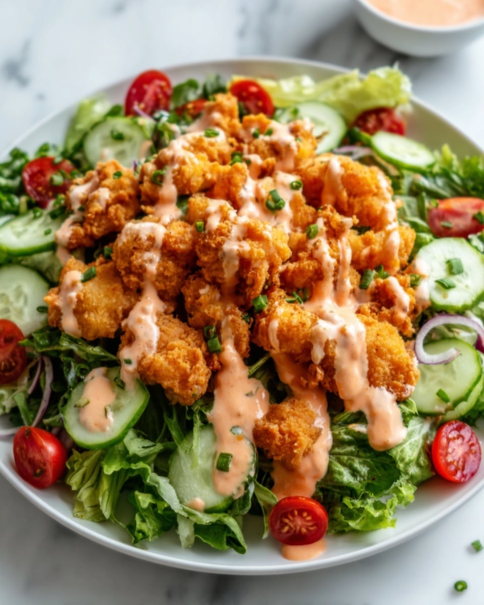 A white plate holds a fresh salad with a base layer of mixed green and purple lettuce leaves. On top, there are crispy golden-brown fried chicken pieces scattered evenly. Drizzled over the chicken and greens is a creamy pinkish-orange sauce, garnished with finely chopped green herbs. Around the edges, small cherry tomato halves add bright red color. The plate sits on a white marbled surface. photo taken with an iphone --ar 4:5 --v 7