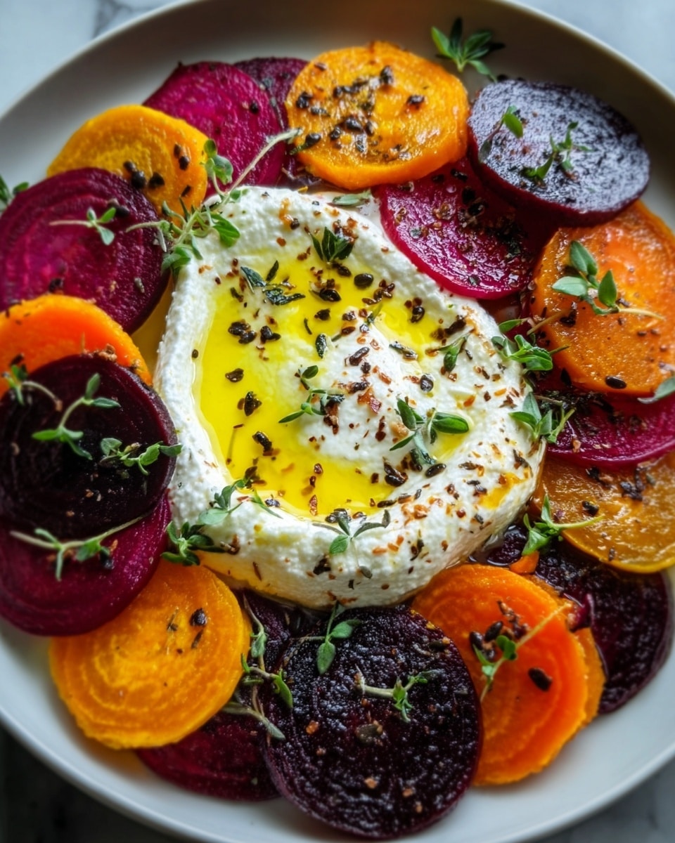 A white plate holds a colorful dish with three main layers. The bottom layer is made of sliced round beets and sweet potatoes, arranged in a circle with deep red, purple, and orange colors. On top of the vegetables sits a thick round layer of creamy white cheese with a soft texture. The cheese is drizzled with golden-yellow olive oil and sprinkled lightly with black seeds and herbs. Small green herb sprigs are scattered around the plate, adding a fresh touch. The photo is taken on a white marbled surface, photo taken with an iphone --ar 4:5 --v 7