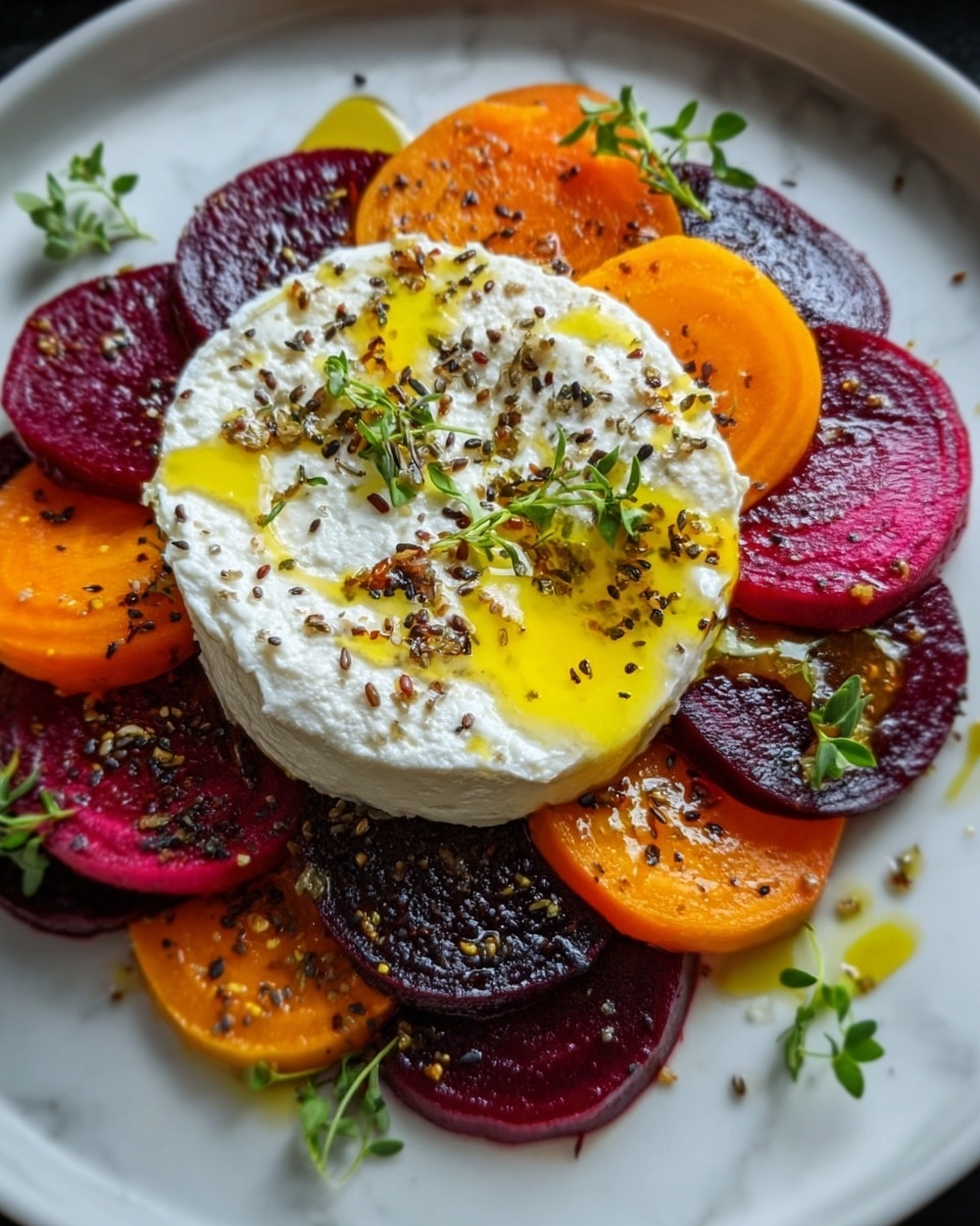The image shows a white plate filled with colorful round slices of roasted sweet potatoes and beets arranged in a circle. On top of the center is a thick layer of creamy white cheese with a shiny yellow drizzle of olive oil and sprinkled black seeds. Small green herb sprigs are scattered over the vegetables and cheese, adding a fresh touch. The colors range from deep red and purple of the beets to bright orange of the sweet potatoes, and the cheese in the middle has a smooth texture with a few small cracks. The white marbled surface beneath the plate gives a clean, bright look. photo taken with an iphone --ar 4:5 --v 7