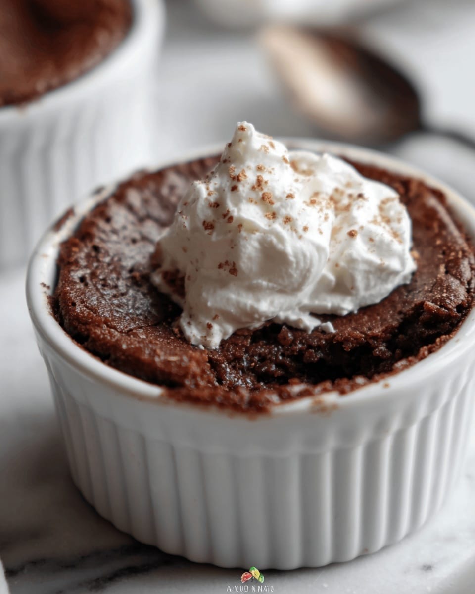 A close-up image of a single-serving chocolate dessert in a white ramekin dish. The dessert has a cracked and slightly glossy dark brown top layer, showing a soft and moist texture. On top, there is a dollop of white whipped cream with light brown sprinkle bits for decoration. The white ramekin sits on a white marbled surface, and a woman's hand with a spoon is visible in the background, slightly out of focus. The lighting is soft, highlighting the texture of the dessert and the cream. Photo taken with an iphone --ar 4:5 --v 7