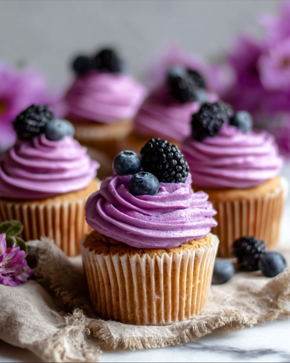 A close-up image shows a cupcake with three visible layers: the bottom golden-brown cake base, a thick swirl of bright purple frosting on top, and small dark blackberries and blueberries placed on the frosting. More similar cupcakes blur softly in the background. The cupcake sits on a white cloth over a white marbled surface. A blurred woman's hand is reaching from the left side toward one of the cupcakes. photo taken with an iphone --ar 4:5 --v 7