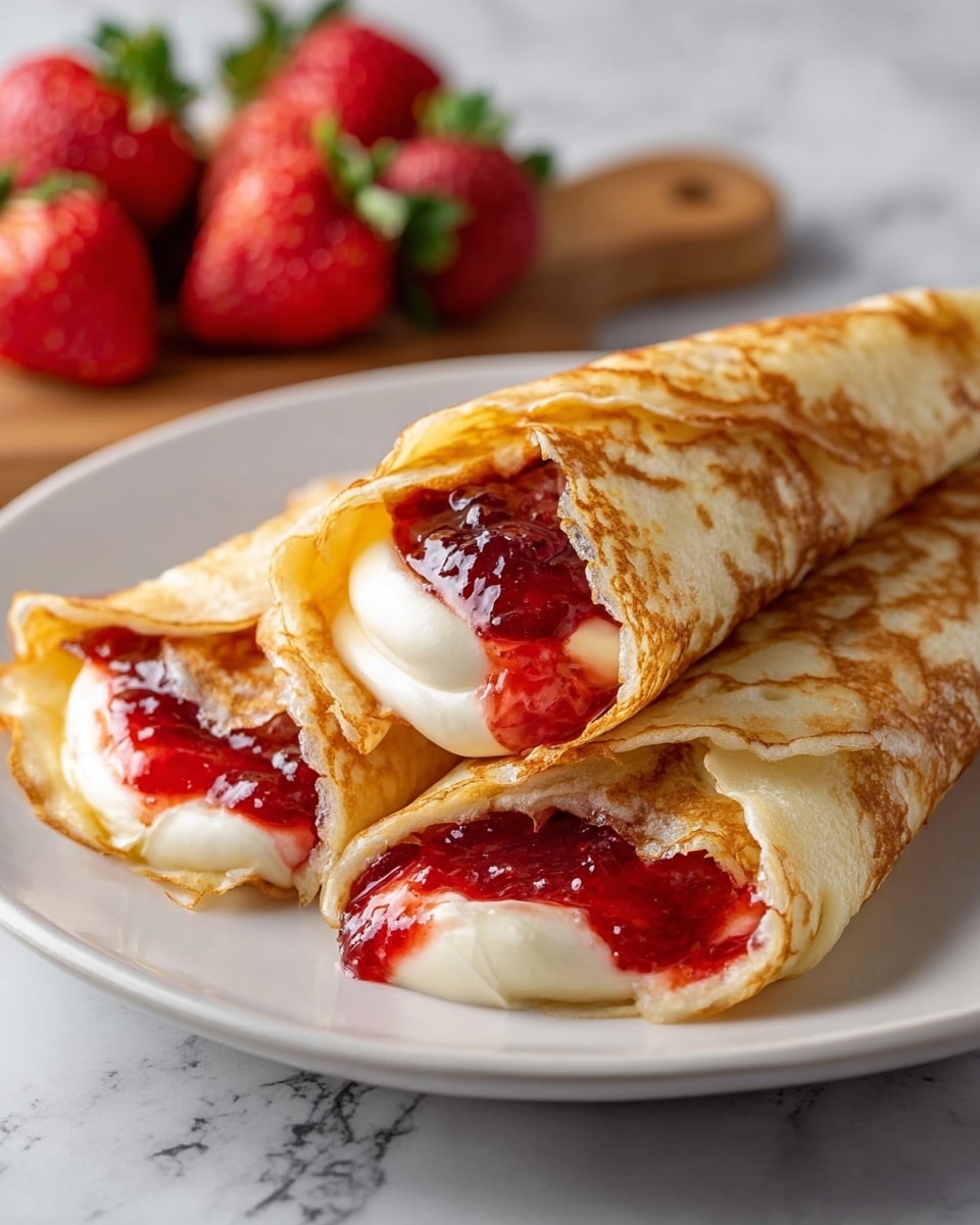 Three thin crepes are folded into cones and placed on a white plate with a smooth edge. Each crepe has a light golden-brown, slightly lacy outside layer that wraps around two inner layers: a thick, white creamy layer and a bright red strawberry jam layer that looks shiny and slightly chunky, oozing out at the open ends. The plate sits on a white marbled surface, and in the blurry background, there are fresh red strawberries with green tops on a wooden board. photo taken with an iphone --ar 4:5 --v 7