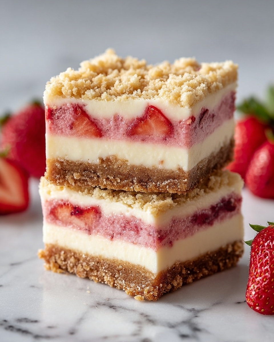 Two square-shaped dessert bars stacked on each other sit on a white marbled surface. Each bar has three distinct layers: a bottom layer of golden crumbly crust, a thick middle layer of smooth white creamy filling, and a top layer of swirled red and white strawberry sauce with a crumbly topping. Around the bars, fresh whole strawberries add a bright red and green contrast. In the blurred background, similar dessert bars are visible. photo taken with an iphone --ar 4:5 --v 7