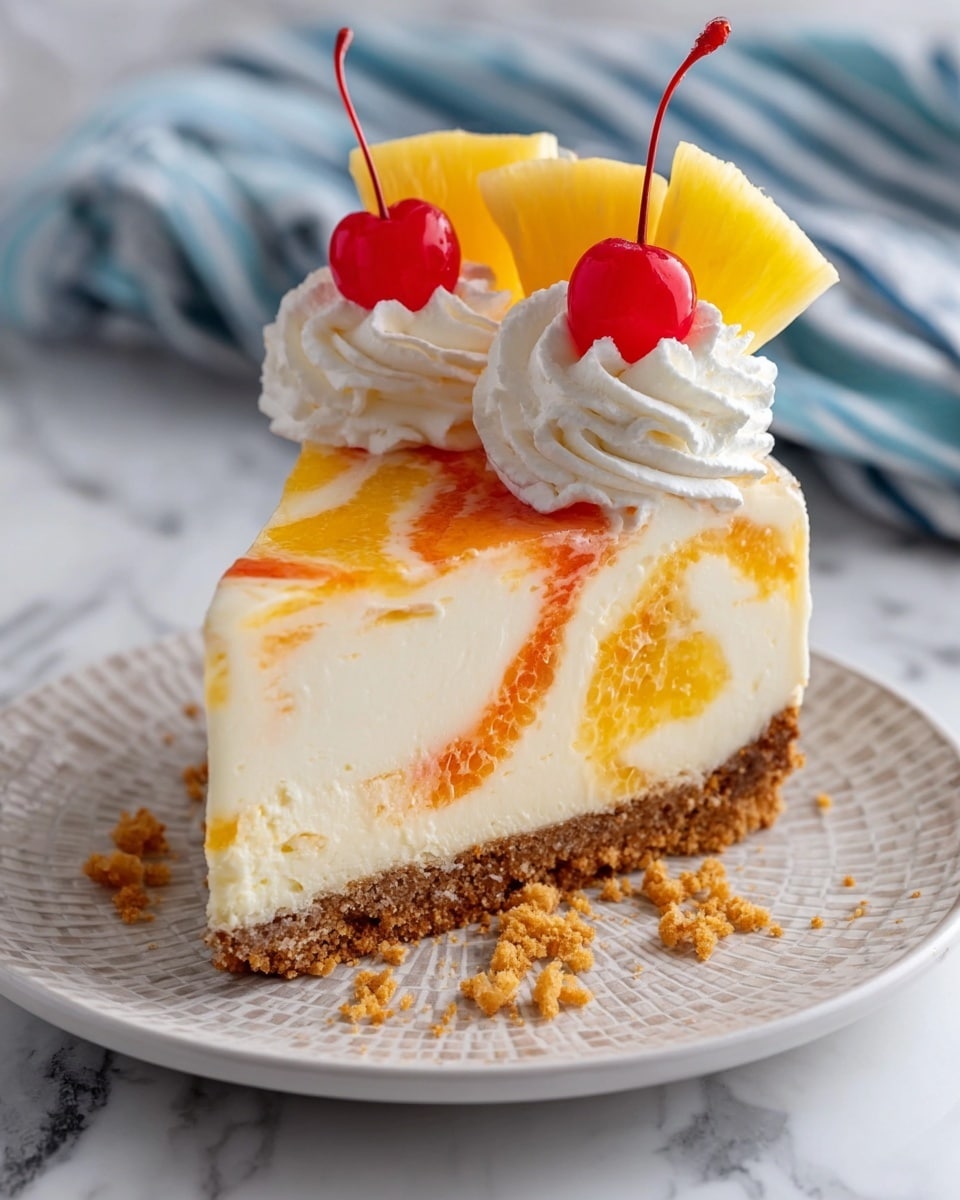 A slice of layered cheesecake sits on a white textured plate against a white marbled surface. The bottom layer is a thick, crumbly brown crust. Above that is a creamy pale yellow layer, followed by a thin vibrant orange layer and a thick smooth white layer on top. The cheesecake is topped with three tall swirls of white whipped cream, each sprinkled with light brown crumbs. In front of the whipped cream are two bright yellow pineapple slices and a shiny red cherry with its stem. The background is softly blurred, showing another slice of the same cake. photo taken with an iphone --ar 4:5 --v 7