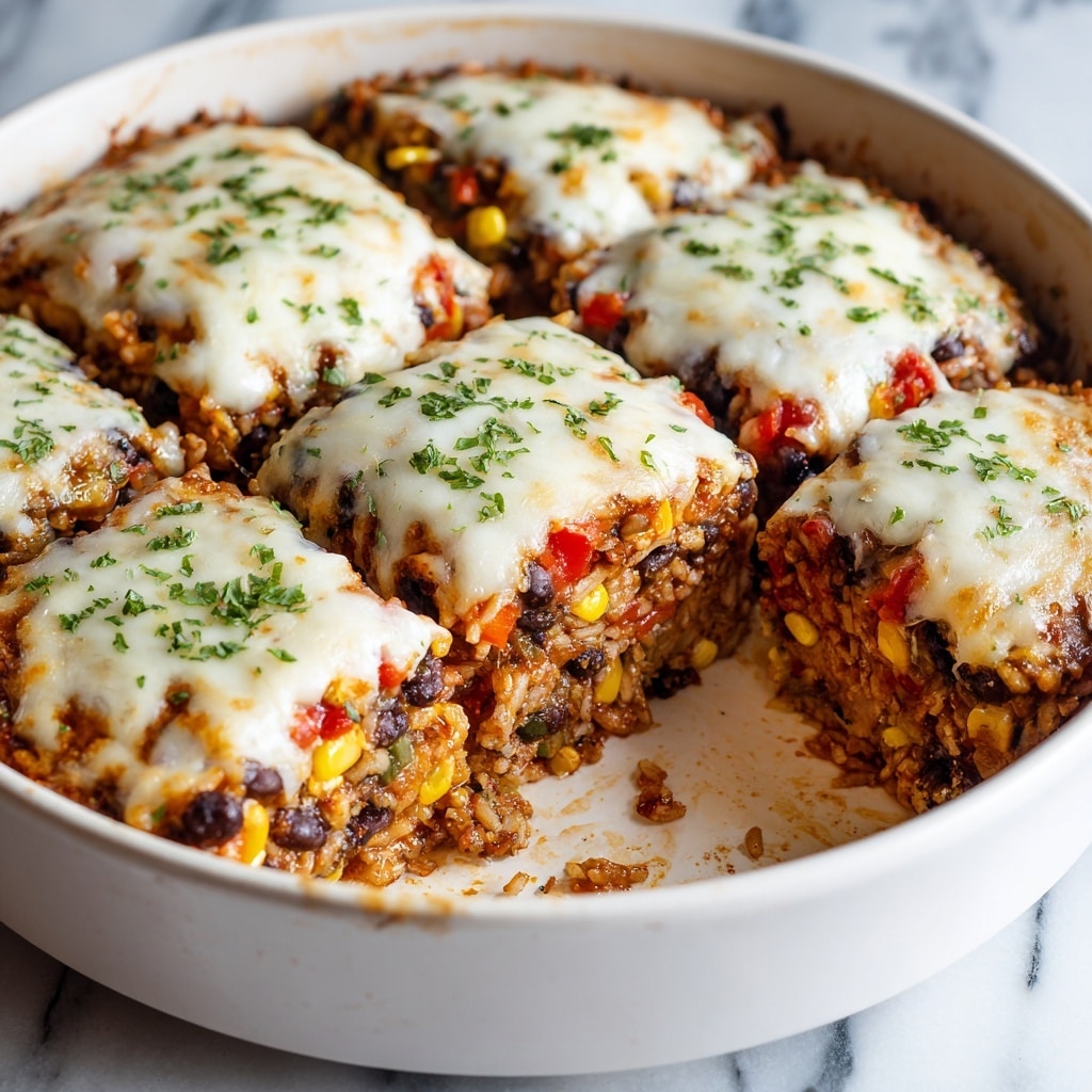 A white round baking dish holds a baked layered casserole cut into six square pieces, with one piece missing to show the inside layers. The top layer is melted white cheese sprinkled with green chopped herbs. Below the cheese, there are layers of cooked black beans, corn, chopped red peppers, and rice mixed with sauce, all baked together. The edges of the dish are slightly browned with sauce stains. The dish sits on a surface with a white marbled texture. photo taken with an iphone --ar 4:5 --v 7