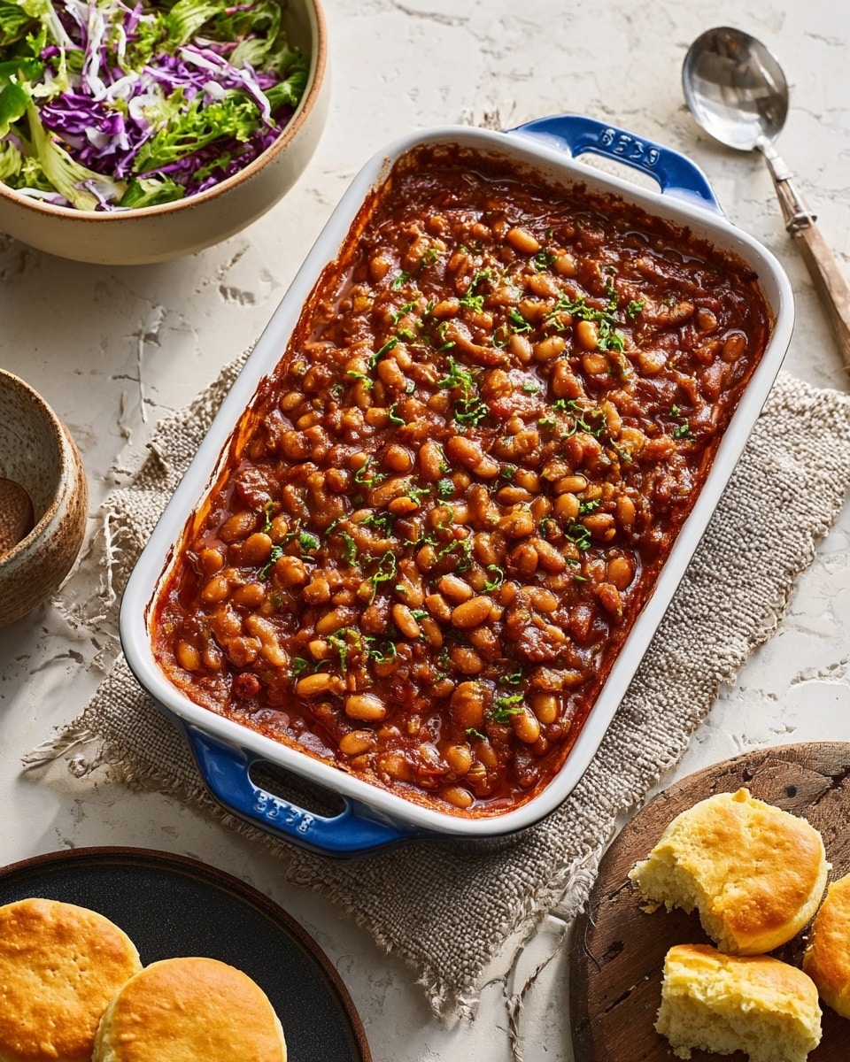 A white rectangular baking dish with blue handles is filled with three layers; the bottom layer is thick reddish-brown sauce, the middle layer is a mix of shiny brown and beige beans, and the top layer shows some small green herb pieces sprinkled over the beans, giving a fresh look. The dish is placed on a rough beige cloth on a white marbled texture surface. To the left, there is a beige bowl filled with a salad made of green and purple cabbage pieces and a silver spoon resting nearby. On the right side, two broken pieces of golden bread are placed near the dish. In the bottom foreground, a black plate holds three round, golden brown biscuits. photo taken with an iphone --ar 4:5 --v 7