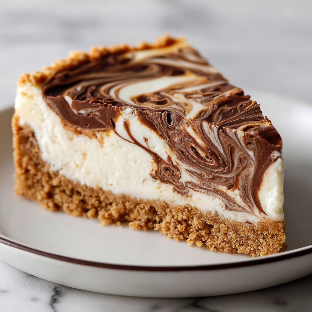 A close-up of a slice of s'mores cheesecake on a white plate with a thin dark rim, placed on a white marbled surface. The dessert has three clear layers: the bottom layer is a crumbly, golden-brown graham cracker crust; the middle layer is creamy and smooth white cheesecake; the top layer has swirls of rich, dark brown chocolate mixed with white cheesecake, creating a marbled look. The texture of the cheesecake looks soft and dense while the crust appears crumbly. Photo taken with an iphone --ar 4:5 --v 7