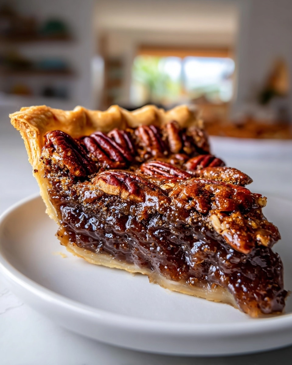 A close-up of a slice of pecan pie on a white plate showing three main layers: the bottom flaky golden crust that holds everything, the thick, glossy dark brown filling in the middle that looks gooey and rich, and the top layer covered in whole toasted pecan halves that are shiny and slightly caramelized with a textured surface. The slice is placed on a white marbled surface background, with a soft-focus kitchen setting in the back. The light highlights the shine on the filling and nuts, making the pie look warm and fresh. photo taken with an iphone --ar 4:5 --v 7