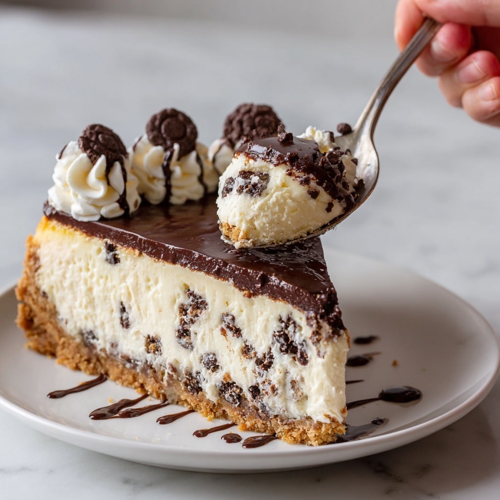 The image shows a slice of no bake cookie dough cheesecake with three clear layers. The bottom layer is a crumbly, light brown crust. The middle layer is thick, creamy, and pale yellow with dark chocolate chips mixed throughout, giving it a speckled look. The top layer is smooth, dark chocolate ganache covering the surface. Around the edge, there are dollops of pale cheesecake cream decorated with large, dark chocolate chips and drizzled with thin dark chocolate sauce. The cake is on a white plate set against a white marbled texture background. A woman's hand is holding a spoon with a piece of the cheesecake on the right side. Photo taken with an iphone --ar 4:5 --v 7