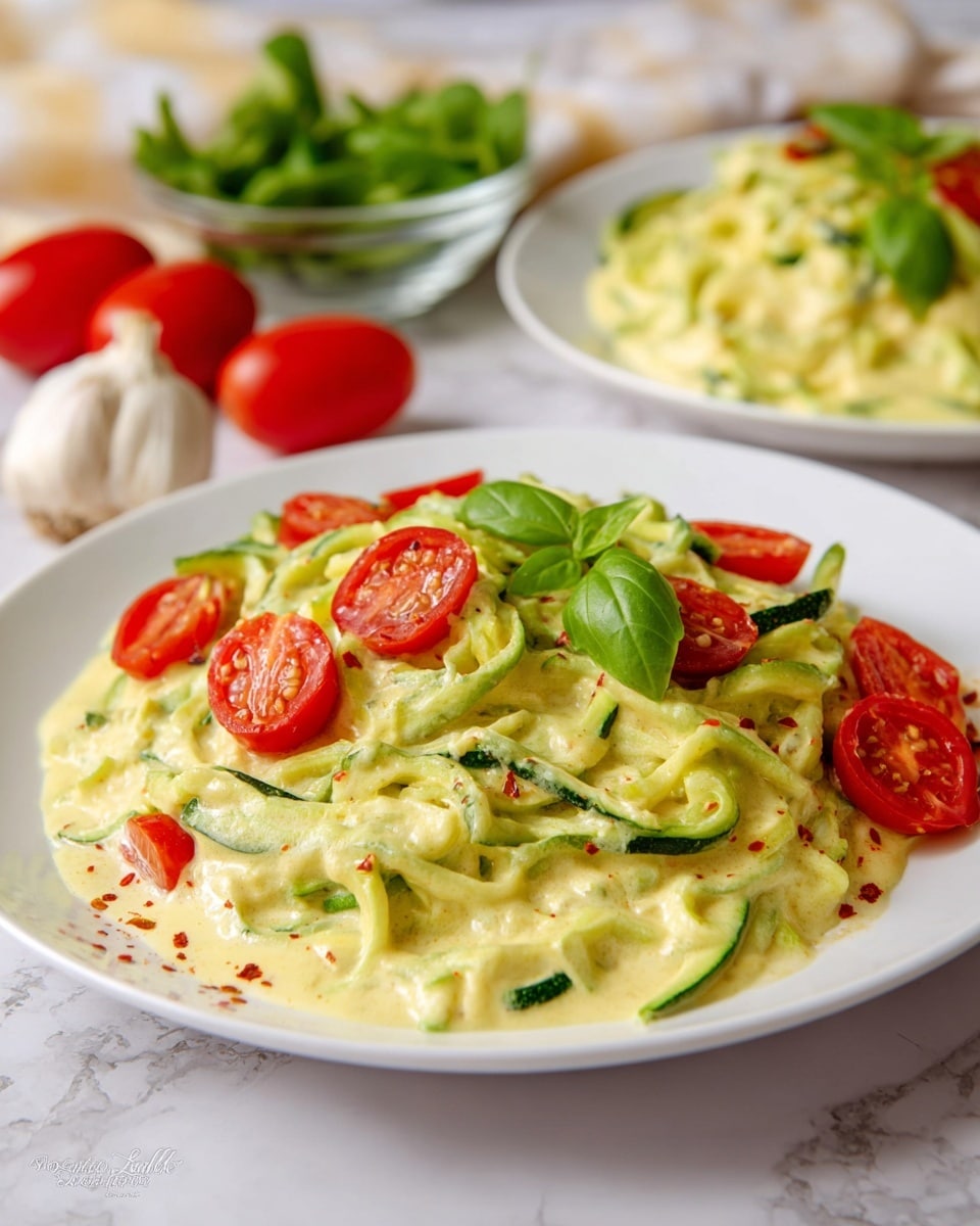 The dish shows a white plate filled with creamy pale yellow zucchini noodles, mixed with strands of green zucchini visible through the sauce. On top, there are fresh bright green basil leaves and halved red cherry tomatoes that add pops of color. The creamy sauce looks smooth and slightly thick, with a few specks of red seasoning scattered around. In the blurred background, there is another white plate with the same creamy zucchini dish, a whole garlic bulb on the left side, and two small clear bowls filled with fresh basil leaves and halved cherry tomatoes on the right, all placed on a white marbled surface. photo taken with an iphone --ar 4:5 --v 7