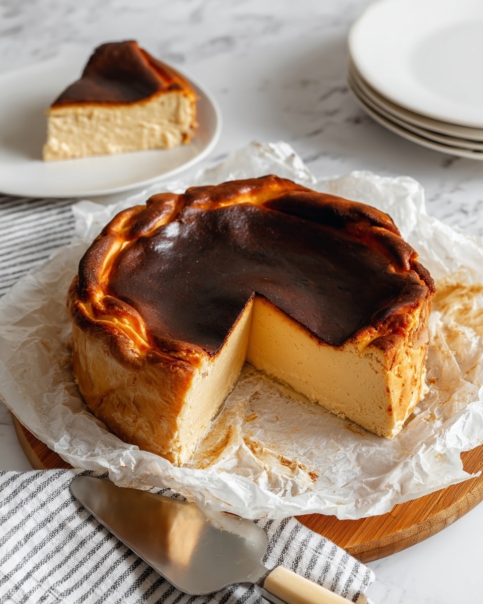 A round burnt Basque cheesecake with a thick, dark brown almost blackened top layer that looks slightly cracked and caramelized, sitting in uneven, golden-brown crust edges that fold inward around the cheese. The middle layer is smooth, creamy, and pale yellow with a dense texture, visible where a large triangular piece has been cut out from the side. The cheesecake rests on crinkled white parchment paper placed on a wooden board, with a metal cake server with a light wooden handle lying next to it. Behind the cheesecake, a white plate holds the removed slice showing the same creamy yellow inside and the browned crust. The setting is on a white marbled surface with a white cloth with thin black stripes partly visible under the wooden board, and a stack of white plates in the background. Photo taken with an iphone --ar 4:5 --v 7
