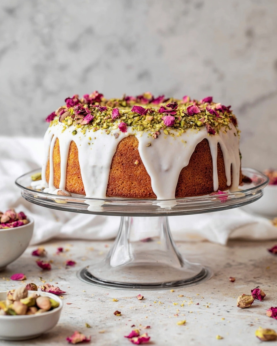 A single-layer cake with a light brown, crumbly texture is covered with white icing that drips down its sides, placed on a clear glass cake stand. The top edge of the cake is decorated with a mix of chopped green pistachios and small dark pink rose petals. A slice of the same cake, showing a moist interior filled with bits of pistachios, is served on a white scalloped plate in front of the cake stand. The slice also has a layer of white icing on top, with pistachios and rose petals sprinkled over it. Some crumbs and toppings lie scattered around the plate, and a fork holding the slice rests on the plate. The background and surface are a white marbled texture, with a white cloth napkin folded near the cake stand. Photo taken with an iphone --ar 4:5 --v 7