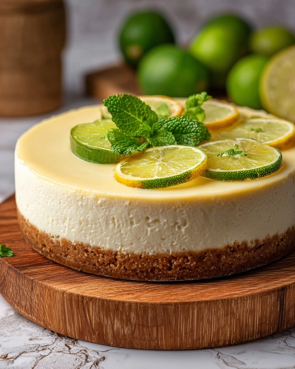 A three-layer round cheesecake is shown on a rustic wooden board with bark edges. The bottom layer is thick and brown with a crumbly texture, the middle layer is thick and creamy white with a slightly rough surface, and the top layer is a smooth pale yellow glaze. On the top of the cake, there are thin slices of lime and lemon arranged along with fresh green mint leaves. The background includes whole green limes and green mint leaves, all placed on a white marbled texture surface. photo taken with an iphone --ar 4:5 --v 7