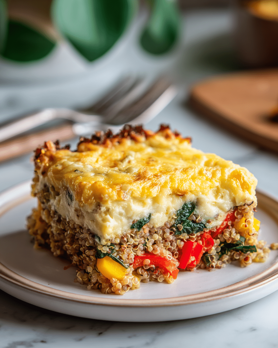 A square piece of baked quinoa casserole sits on a white plate, showcasing three distinct layers. The bottom layer is a mix of cooked quinoa and diced red and yellow bell peppers with some green leafy vegetables, creating a colorful and textured base. The middle layer is creamy and cheesy, with a smooth, light yellow texture that binds the ingredients together. The top layer is golden brown melted cheese, slightly crispy and bubbly, covering the casserole evenly. The plate rests on a white marbled surface, with a blurred background featuring cutlery and green leaves. photo taken with an iphone --ar 4:5 --v 7