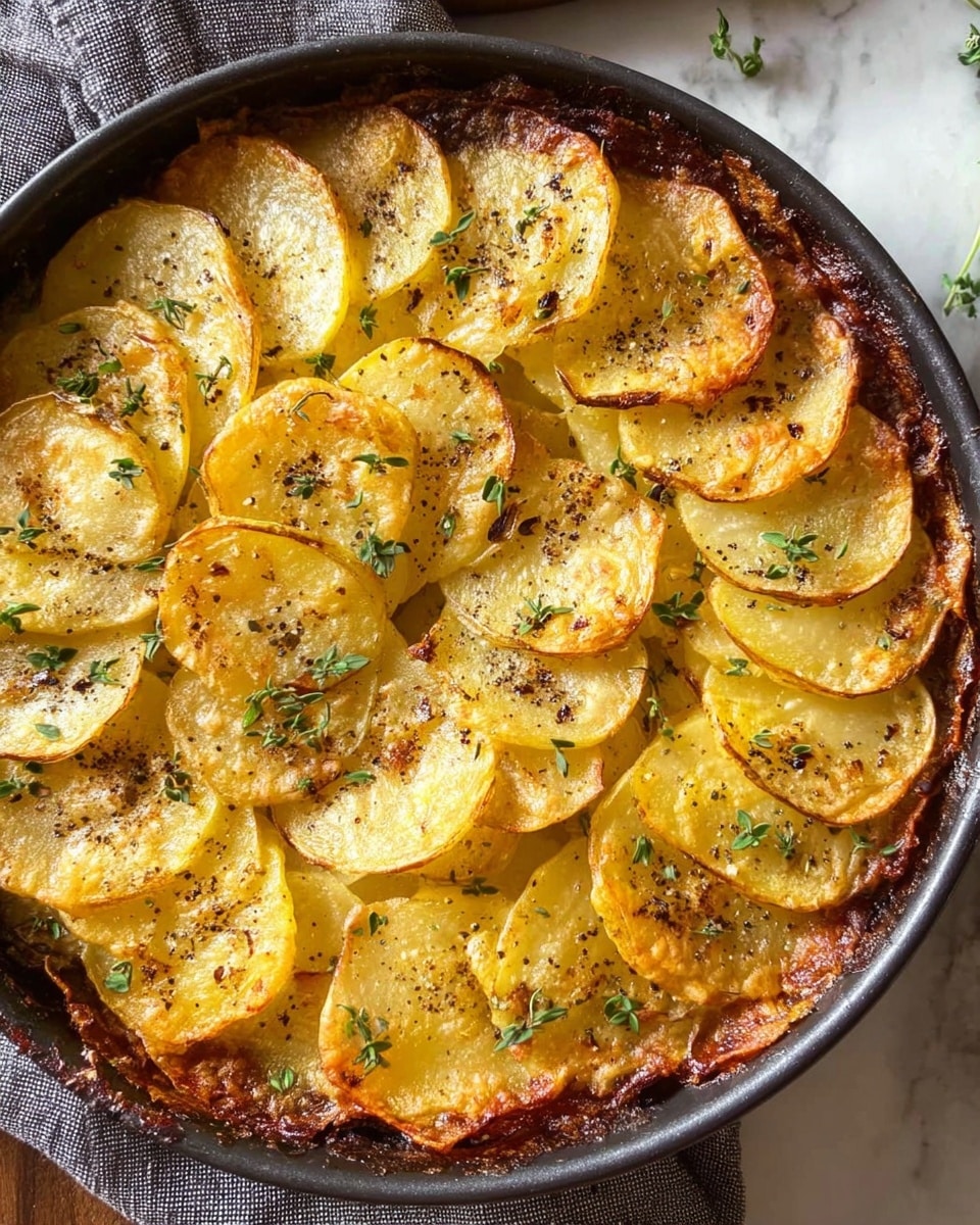 A round baked dish features several layers of thin, golden-yellow potato slices arranged in a circular pattern, overlapping like petals in a flower. The edges of the potato slices show a slightly browned crispy texture, while the centers remain tender and softer in a lighter yellow shade. The surface is sprinkled with small green herb leaves and black pepper, adding specks of color against the warm tones of the potatoes. The dish is in a dark baking pan with a gray cloth peeking from underneath, and the background is a white marbled texture. photo taken with an iphone --ar 4:5 --v 7