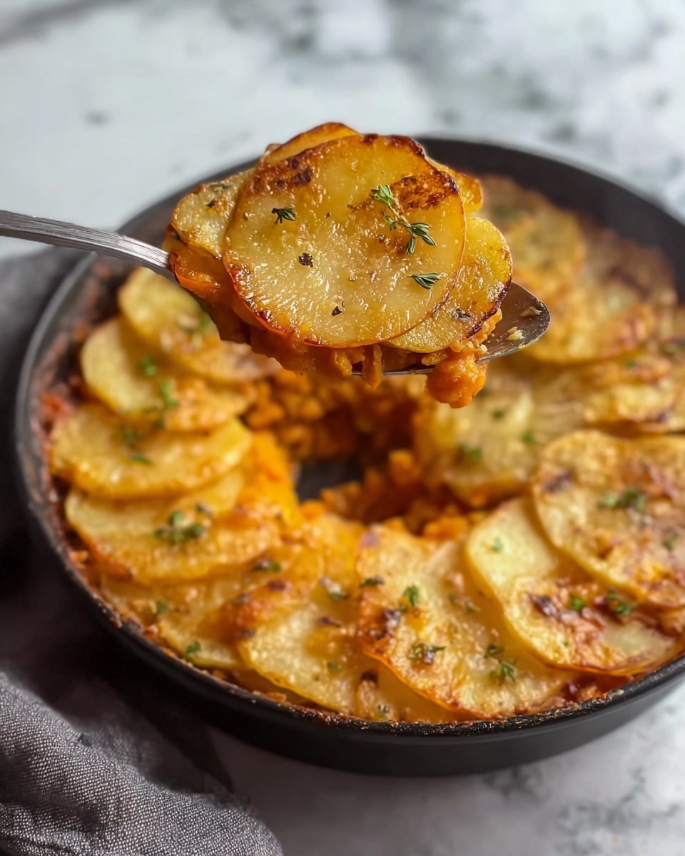 A round black pan filled with a layered dish featuring a top layer of golden brown potato slices arranged in a circular pattern, each slice lightly browned with some green herb sprinkles. Below this crispy top, there is a rich, orange-colored filling visible where a portion has been removed, showing a soft texture that suggests a mix of vegetables or lentils. A shiny thin potato slice with herbs and small bits of orange filling is lifted by a spoon above the pan, highlighting the contrast between the crisp top and soft inner layers. The background shows a white marbled texture and a grey cloth near the pan. photo taken with an iphone --ar 4:5 --v 7