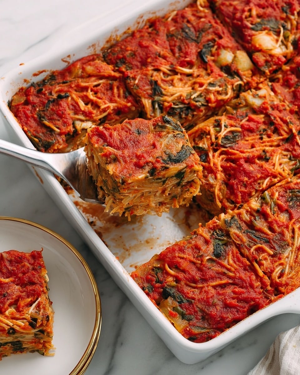 The image shows a white rectangular baking dish containing a baked layered spaghetti casserole sliced into squares, with one piece being lifted by a spatula showing the layers. The top layer is a thick, textured red tomato sauce mixed with browned spaghetti strands and bits of cooked vegetables like spinach and onions. Below the top layer, light-colored spaghetti noodles are visible, mixed with vegetables, giving a layered, slightly uneven texture. On the side, a white plate with a gold rim holds one square piece of the casserole on a white marbled surface. Photo taken with an iphone --ar 4:5 --v 7