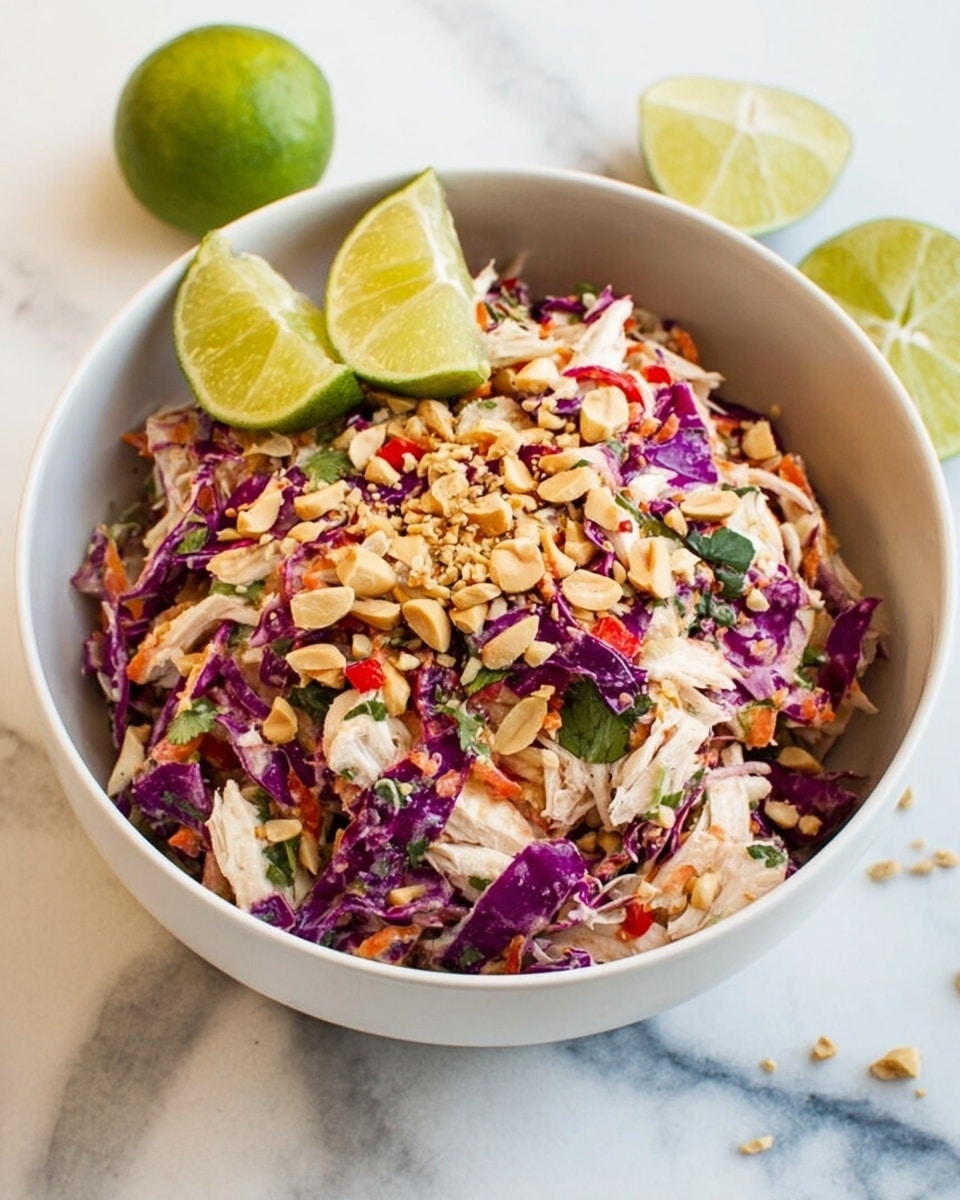 A white bowl filled with a colorful salad made of shredded white chicken and chopped purple cabbage mixed with small pieces of red chili and green herbs. The salad is topped with crushed peanuts which add a crunchy texture. On top, two thin lime slices sit at an angle. The bowl is set on a white marbled surface with some lime slices nearby. photo taken with an iphone --ar 4:5 --v 7