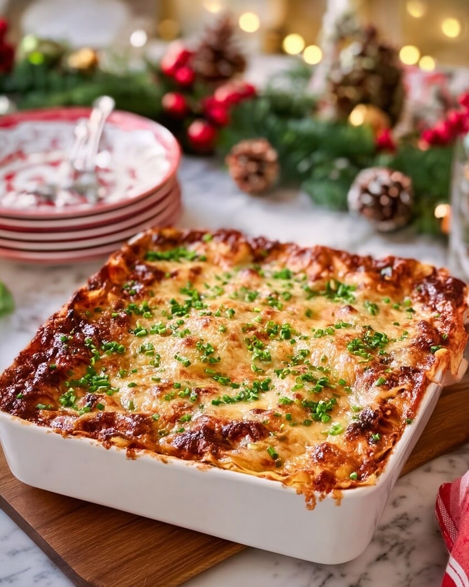 A white square baking dish filled with a lasagna that has about five visible layers, topped with a golden-brown melted cheese layer sprinkled with finely chopped green herbs and spring onions; the edges are slightly crispy and browned, giving the dish a rich and textured look. The lasagna rests on a wooden board with a soft blurred background of festive holiday decorations including pine cones, greenery, red berries, and a stack of white plates with red stripes, all placed on a white marbled surface. Photo taken with an iphone --ar 4:5 --v 7