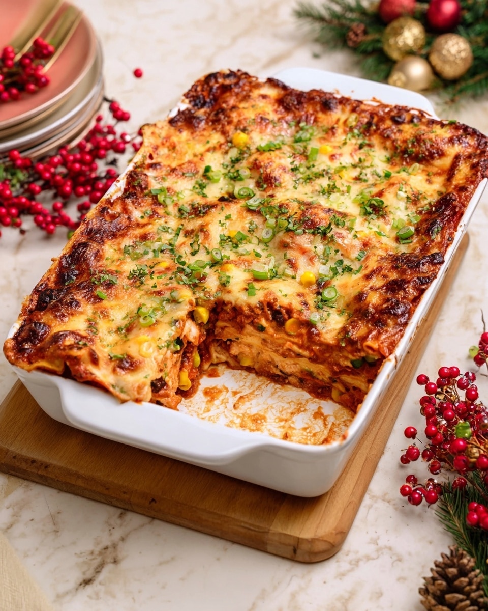 A white rectangular baking dish holds a baked lasagna with a golden-brown melted cheese top layer sprinkled with finely chopped green herbs and scallions. One corner of the lasagna has been scooped out, revealing multiple layers beneath: a rich reddish tomato sauce with visible bits of corn, black beans, and vegetables, creamy white cheese layers, and tender pasta sheets. The edges of the dish show some baked sauce residue. The dish sits on a light wooden board, surrounded by holiday decorations like red berries and pine cones, all set on a white marbled textured surface. Photo taken with an iphone --ar 4:5 --v 7