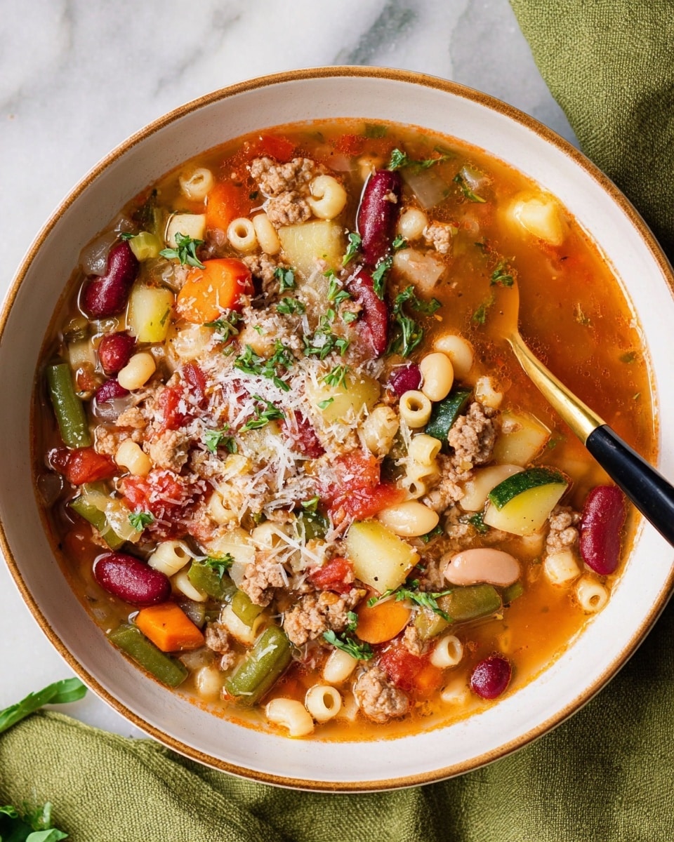 A white bowl filled with a mixed vegetable soup showing about four layers of ingredients: at the base, small round pasta and white beans; above that, bright red kidney beans and chunks of light brown ground meat; next, diced vegetables including orange carrots, green beans, red tomato pieces, yellow potatoes, and light green celery; the top layer is sprinkled with grated white cheese and chopped fresh green herbs, all covered in a clear orange-brown broth. A gold and black spoon rests on the right side of the bowl, partially submerged. The bowl sits on a white marbled surface with a green cloth nearby. Photo taken with an iphone --ar 4:5 --v 7