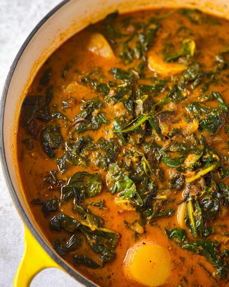 A close-up view of a white pot filled with a thick orange-brown stew, containing wilted dark green leafy vegetables scattered throughout. There are chunks of light tan ingredients, possibly yams or potatoes, partially submerged in the stew, which has a slightly glossy surface showing hints of oil or seasoning. The pot has a bright yellow handle, set against a white marbled textured background. The stew appears rich and hearty with a mix of soft and leafy textures. photo taken with an iphone --ar 4:5 --v 7