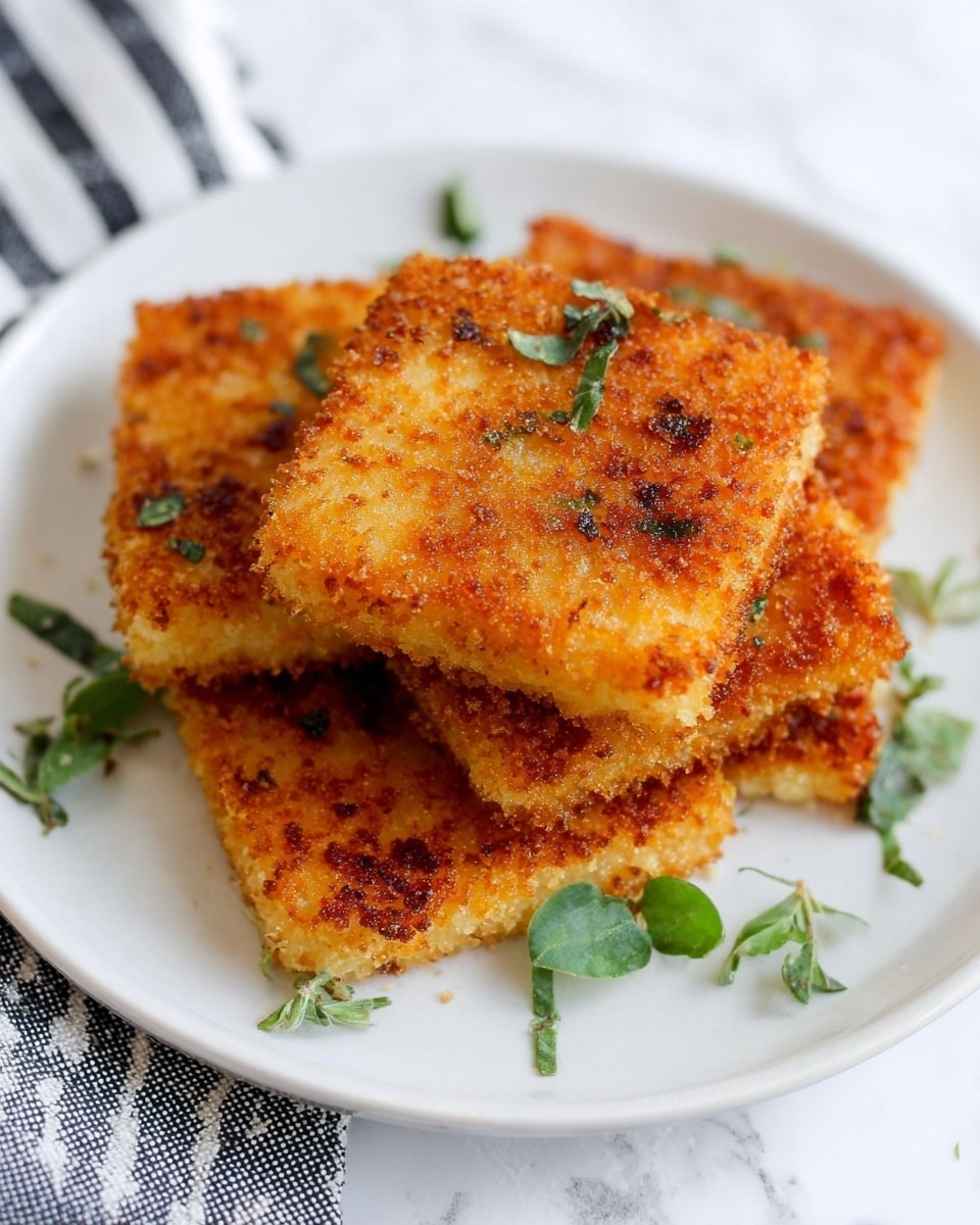 Four golden-brown crispy square pieces of fried food are stacked slightly overlapping on a white plate. Each piece has a crunchy textured coating with some darker spots showing a well-cooked surface. Small green herb leaves are scattered over and around the squares, adding a fresh touch. The plate rests on a white marbled surface with a black and white striped cloth partially visible at the bottom left corner. photo taken with an iphone --ar 4:5 --v 7