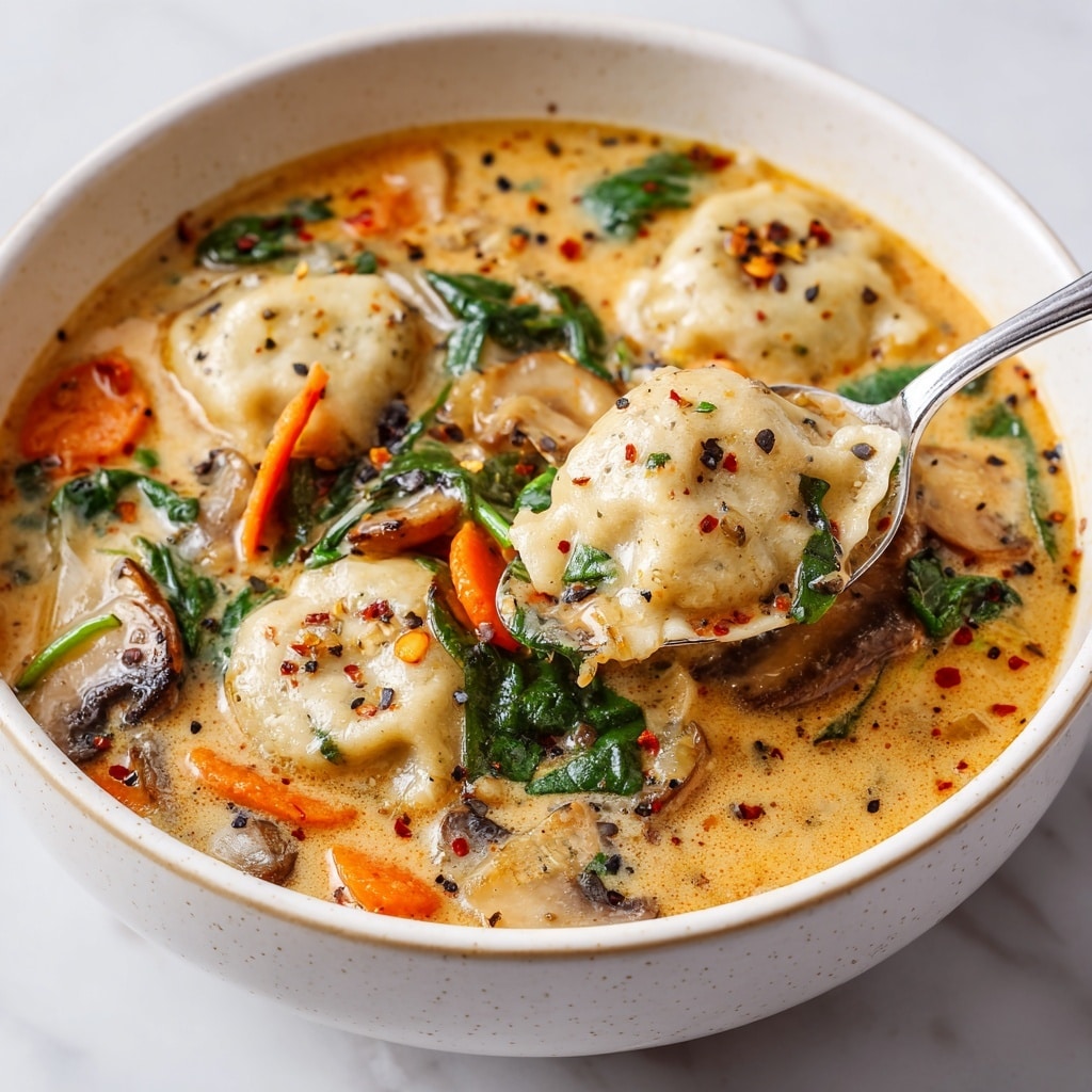 A close-up view of a bowl filled with vegan dumpling soup resting on a white marbled surface. The soup has a creamy, light orange broth with visible textures from herbs and seasoning pepper flakes scattered on top. Floating in the broth are soft, light beige dumplings with a slightly rough surface, some lifted by a silver spoon revealing their fluffy inside. There are thin slices of bright orange carrots, dark green spinach leaves, and bits of translucent onions and mushrooms spread evenly throughout the soup. The bowl is white with a subtle speckled pattern and a smooth rim. photo taken with an iphone --ar 4:5 --v 7