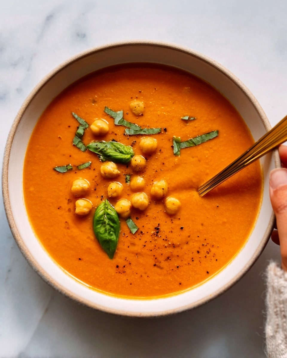 The image shows a white bowl filled with smooth, bright orange soup, topped with round golden-brown roasted chickpeas and small green herb leaves scattered on top. The bowl sits on a white marbled surface, with another similar white bowl partly visible in the background. There is a silver spoon resting nearby. The texture of the soup looks creamy and thick, while the chickpeas add a crunchy contrast. photo taken with an iphone --ar 4:5 --v 7