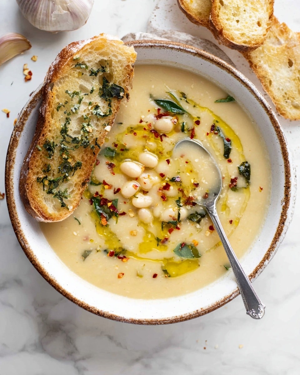 A bowl of creamy, light beige soup with small white beans visible in the middle layer, topped with a drizzle of golden olive oil, scattered green herb leaves, and red chili flakes. A silver spoon dips into the right side of the soup. One piece of sliced toasted baguette with herbs rests on the edge of the white bowl. Around the bowl, there are a few more slices of toasted bread and a bulb of garlic on a white marbled surface. The bowl has a rustic brown edge. Photo taken with an iphone --ar 4:5 --v 7